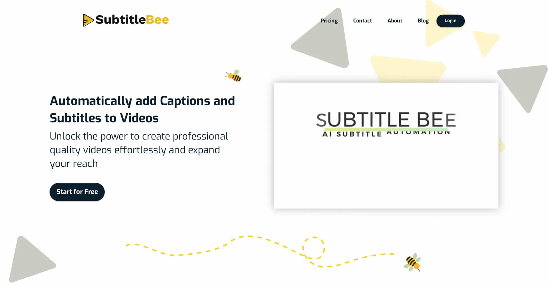 SubtitleBee homepage screenshot — Add captions and subtitles to videos automatically.