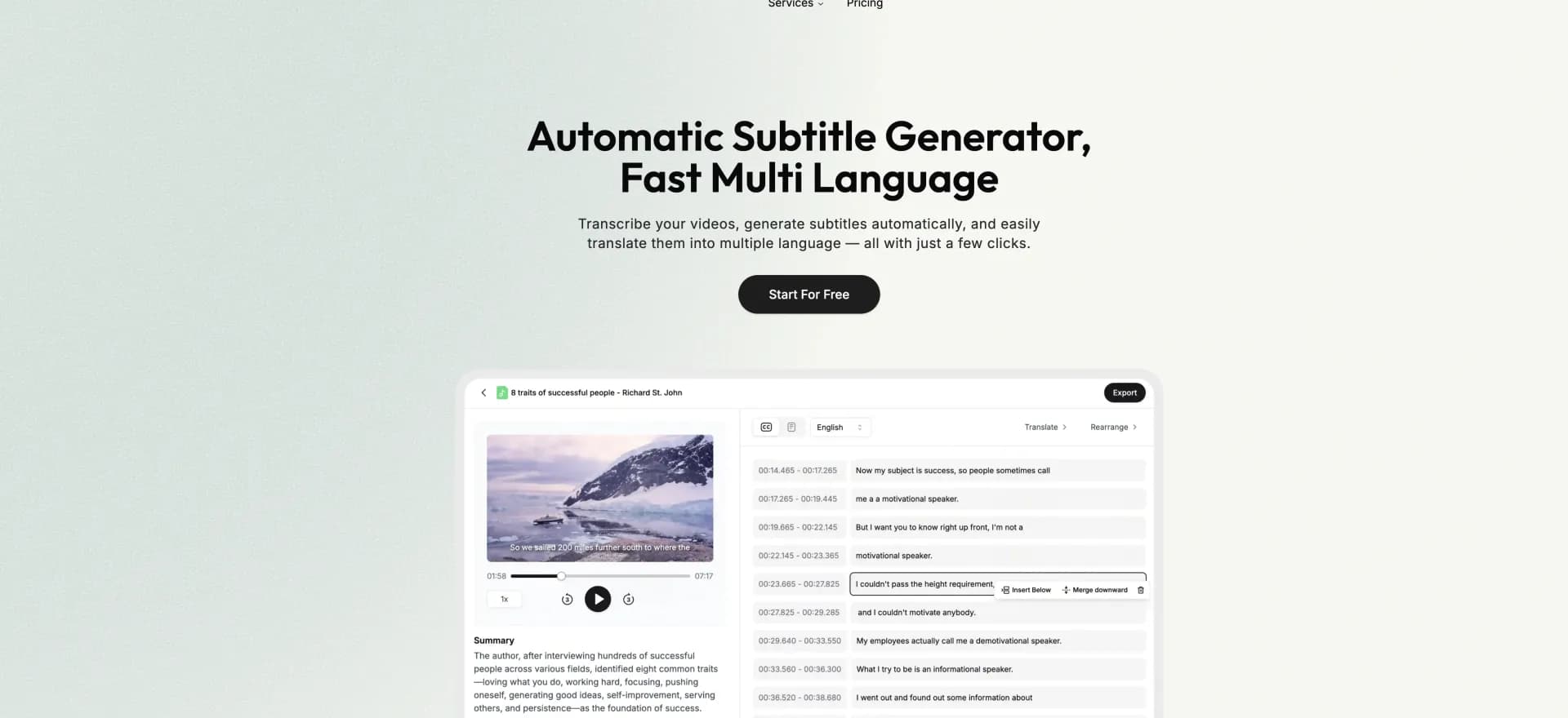 SubtitleGen homepage screenshot — Generate and translate video subtitles automatically
