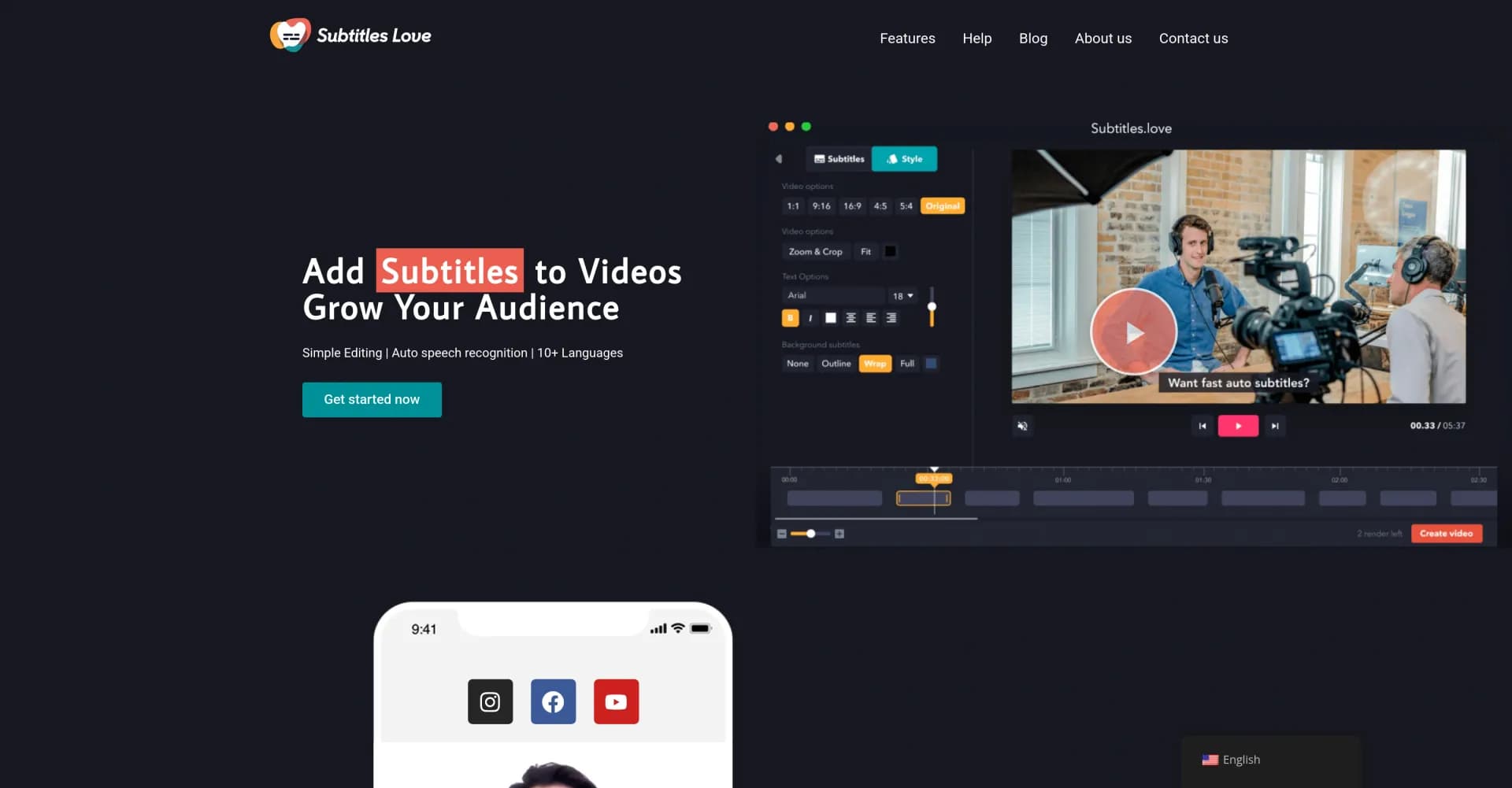 Subtitles Love homepage screenshot — Add AI-powered subtitles to videos instantly