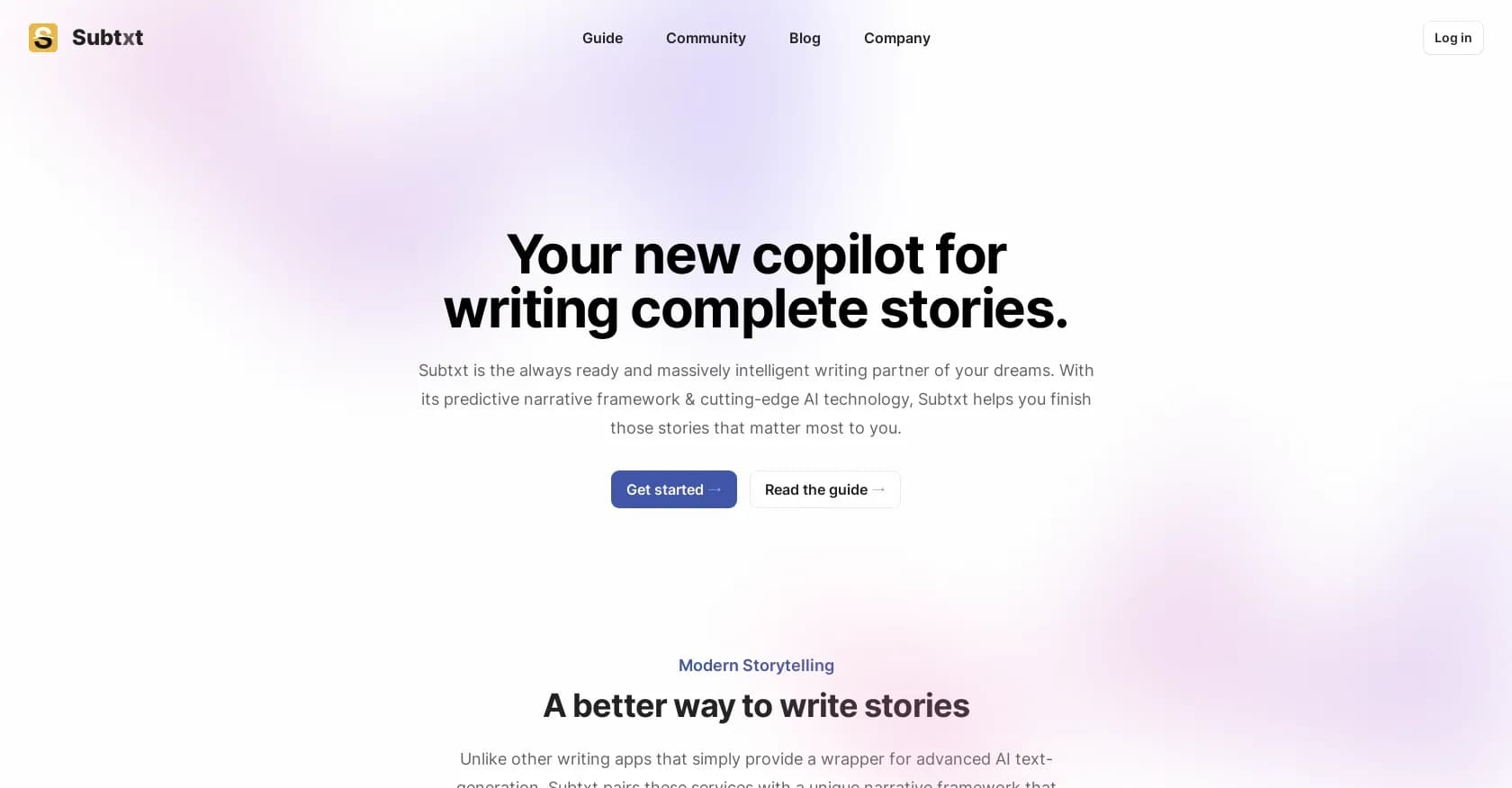 Subtxt homepage screenshot — Your intelligent copilot for complete storytelling.