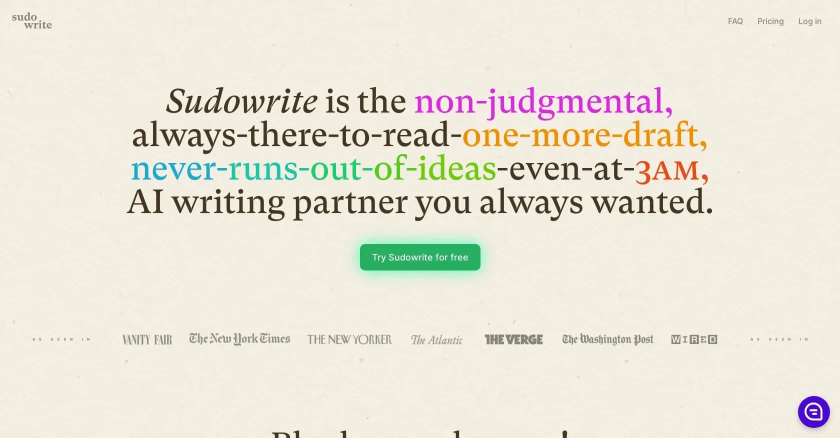 Sudowrite homepage screenshot — AI writing partner for faster, more creative storytelling