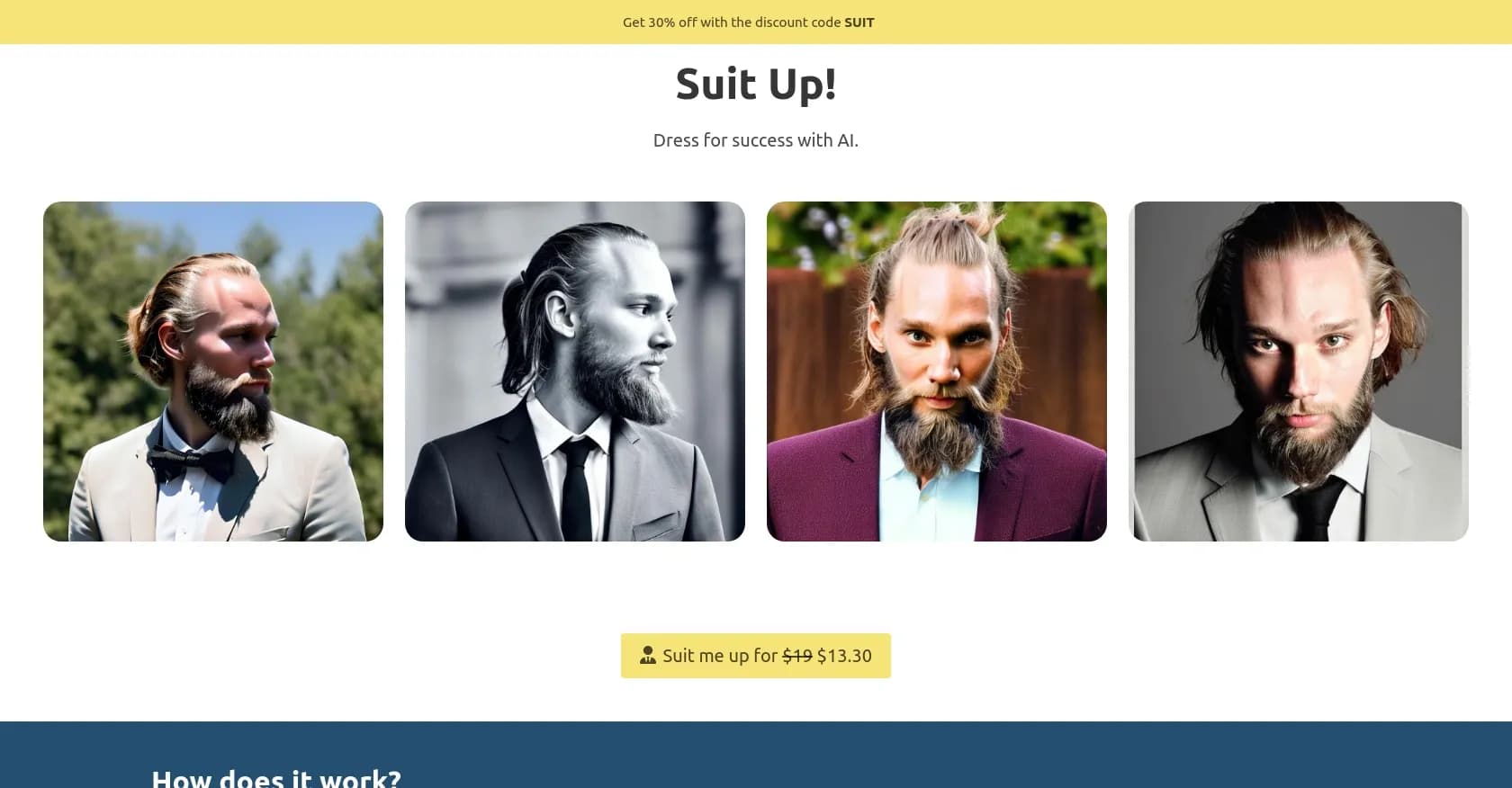 Suit Me Up homepage screenshot — Avatar creator with suit images.