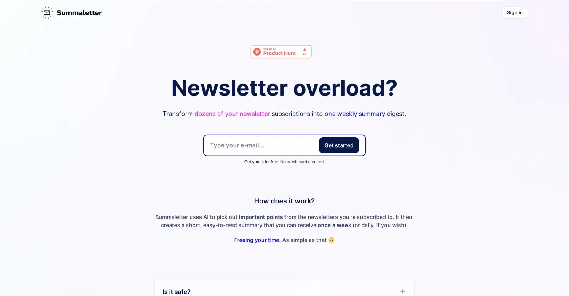 Summaletter homepage screenshot — Transform newsletter overload into one weekly digest.