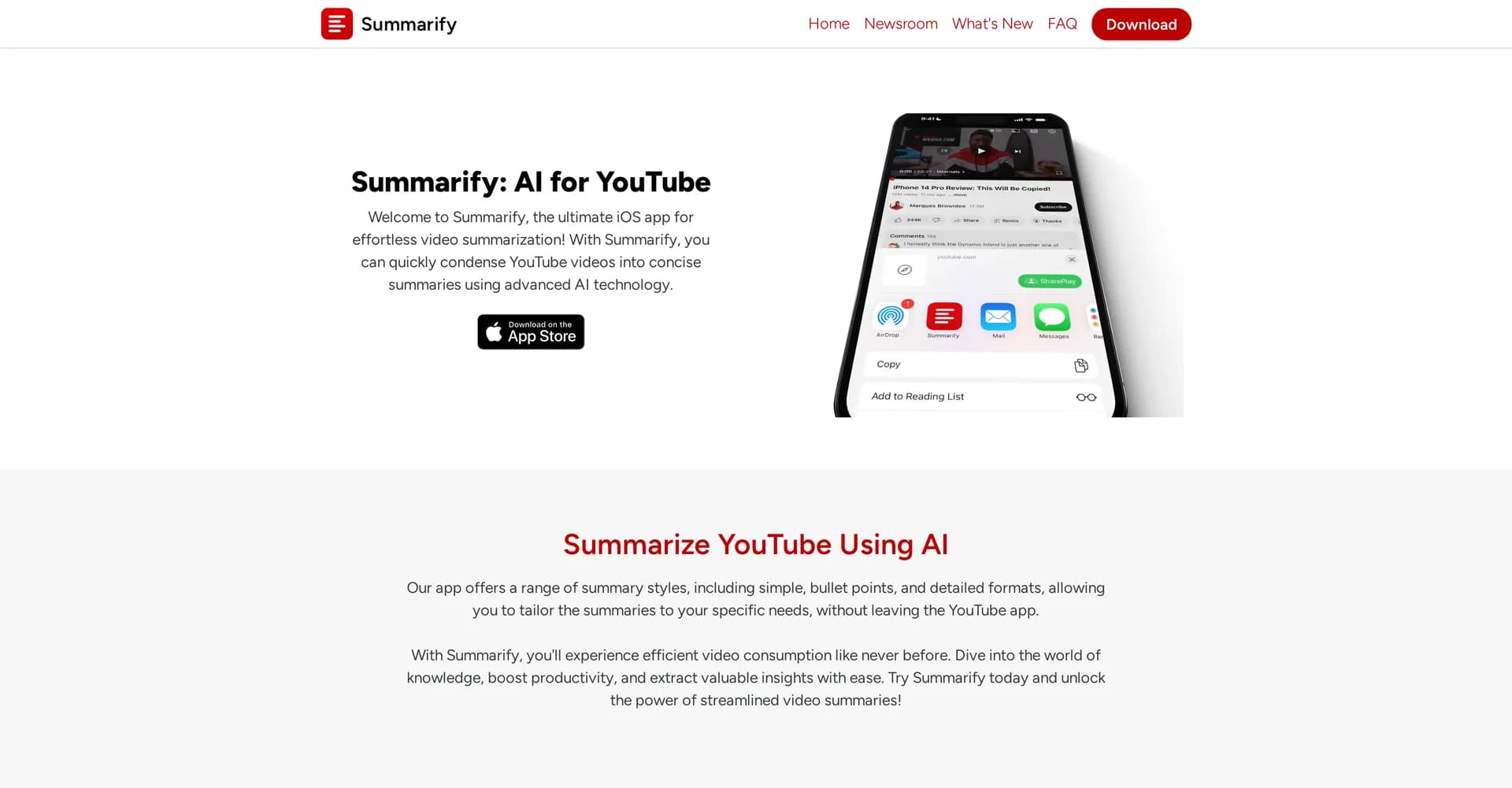 Summarify homepage screenshot — Condense YouTube videos into AI-powered summaries.