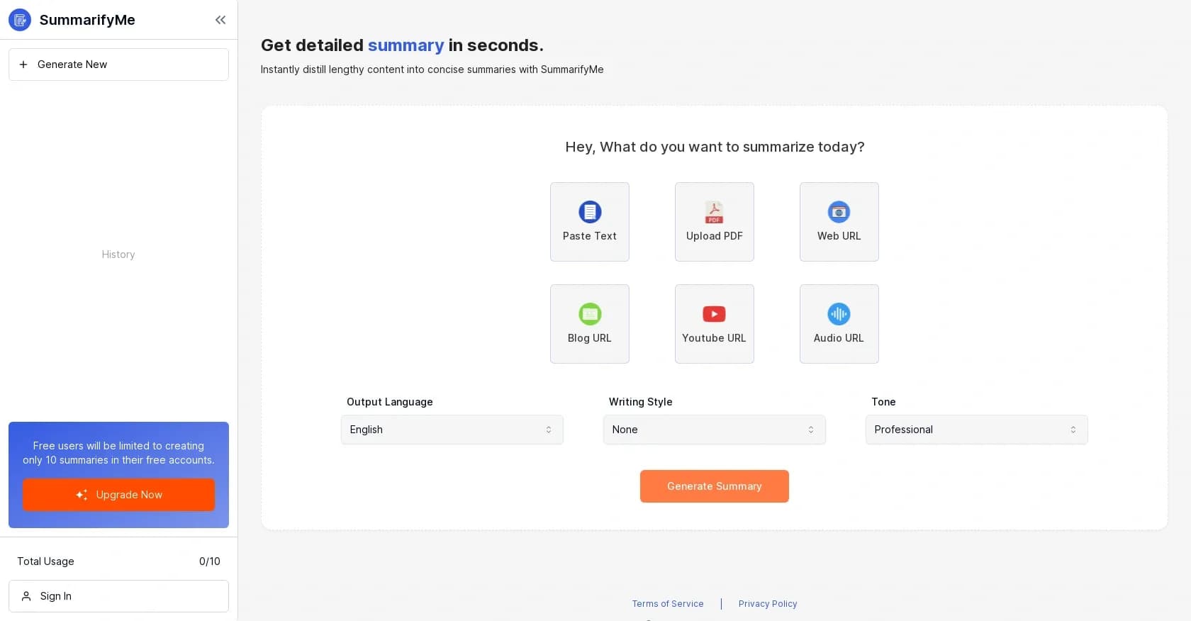 Summarify.me homepage screenshot — Distill lengthy content into concise summaries instantly.