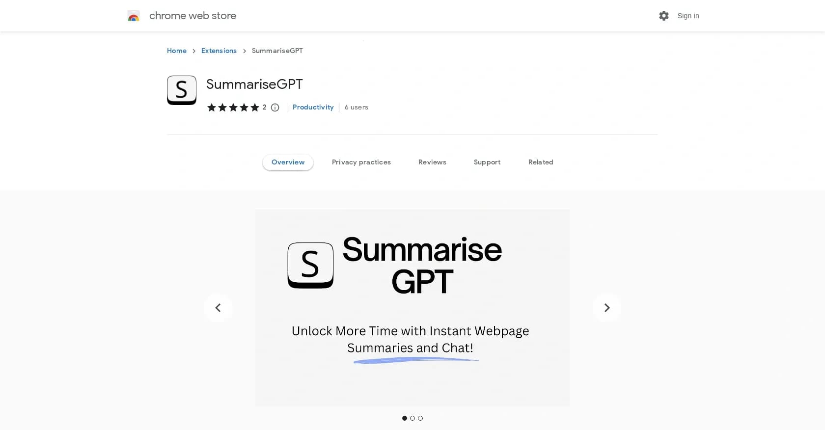 SummariseGPT homepage screenshot — Efficient browsing with page summaries and insights.