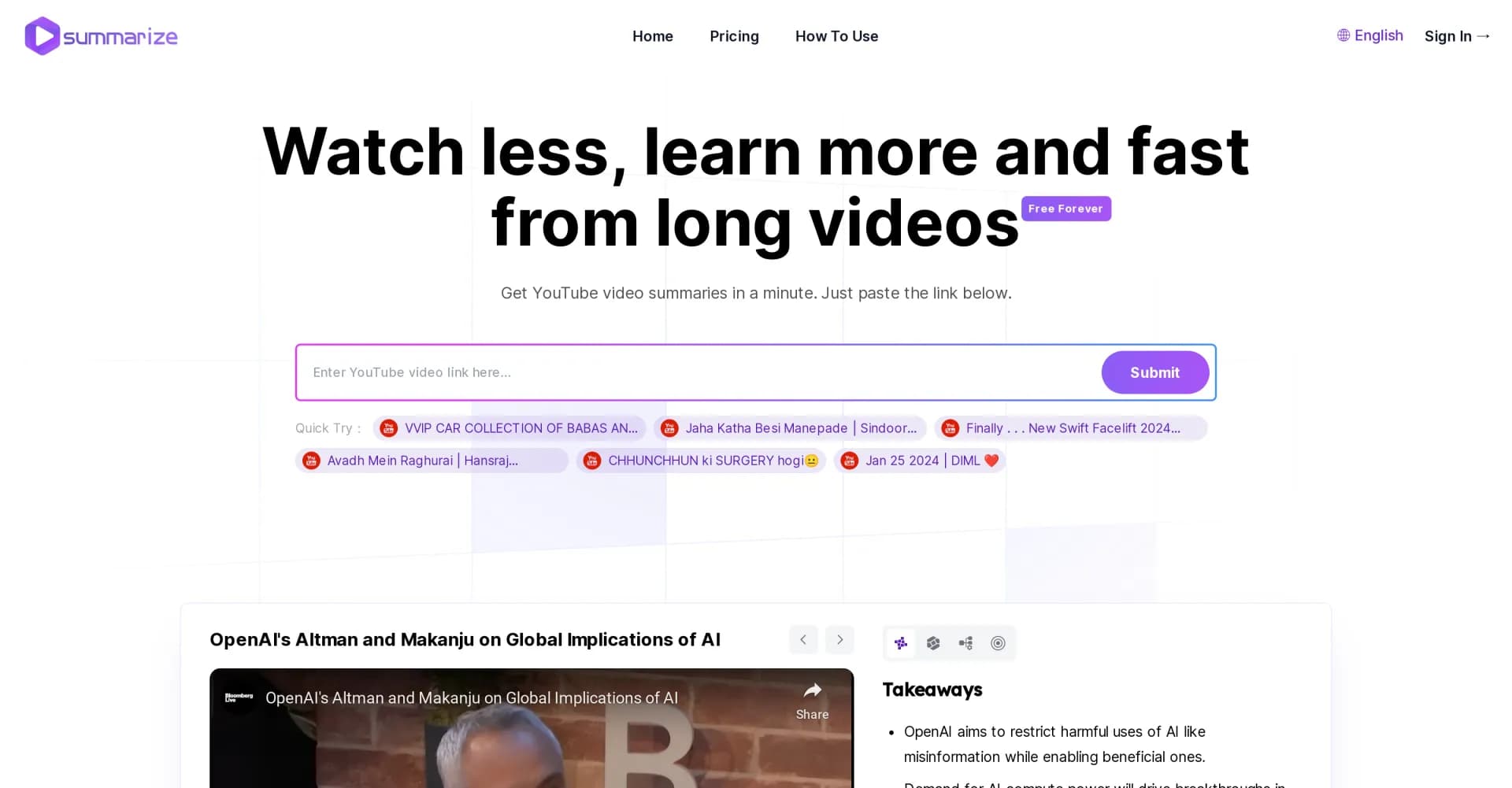 Summarize.ing homepage screenshot — Get instant AI summaries of YouTube videos