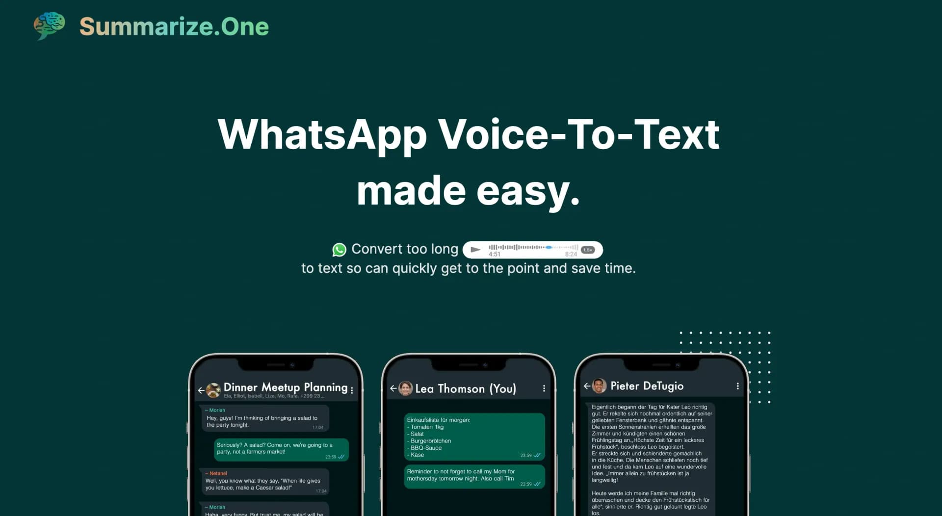 Summarize.one homepage screenshot — WhatsApp Voice Message To Text.