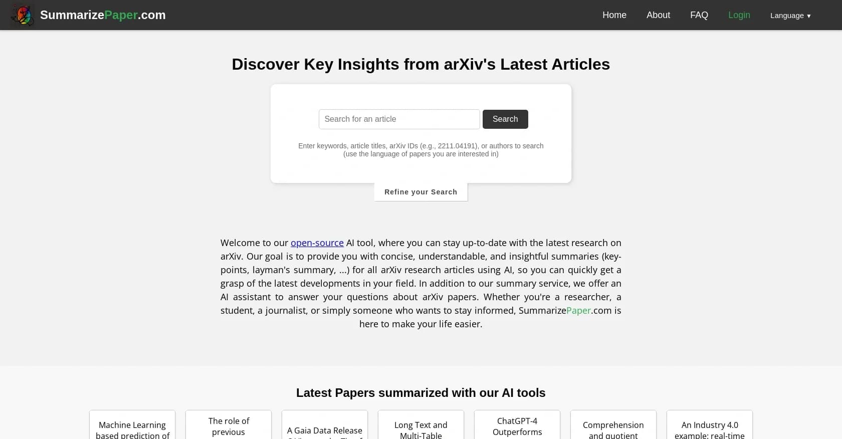 SummarizePaper homepage screenshot — Discover key insights from arXiv's latest articles