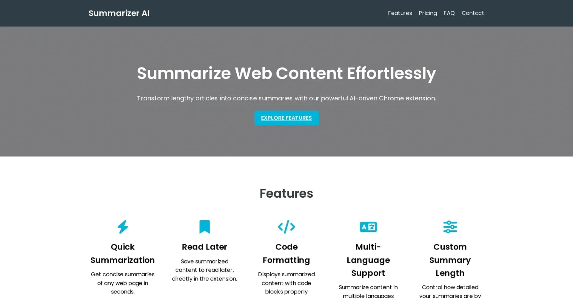 Summarizer AI Extension homepage screenshot — Transform lengthy articles into concise AI summaries.