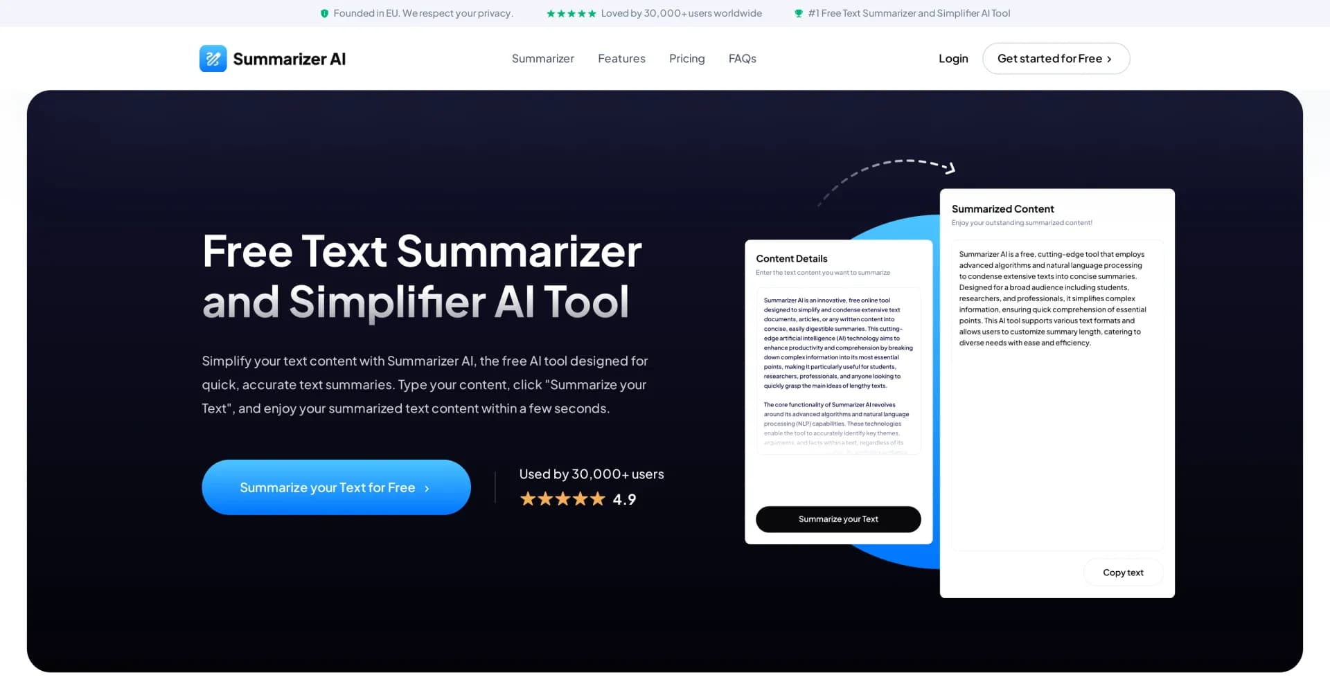 Summarizer AI homepage screenshot — Instantly summarize and simplify any text content.