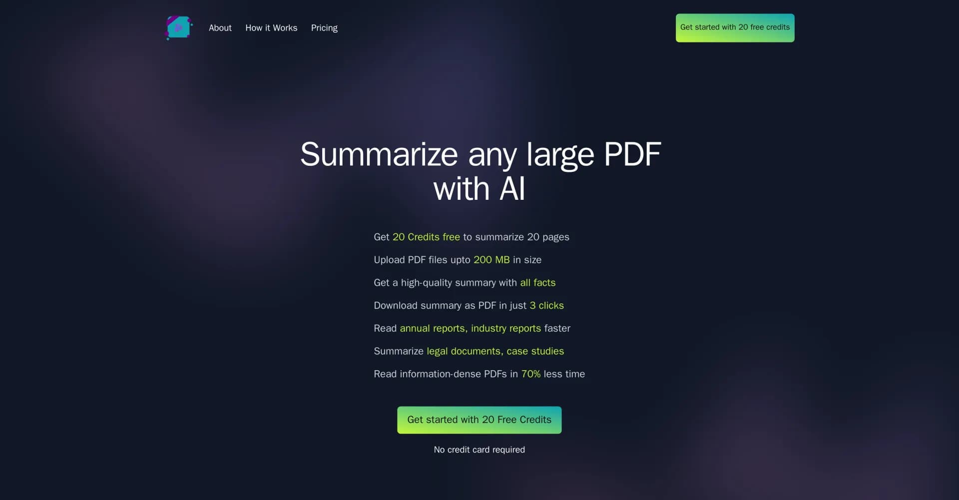 SummaryWithAI homepage screenshot — Summarize any large PDF with AI.