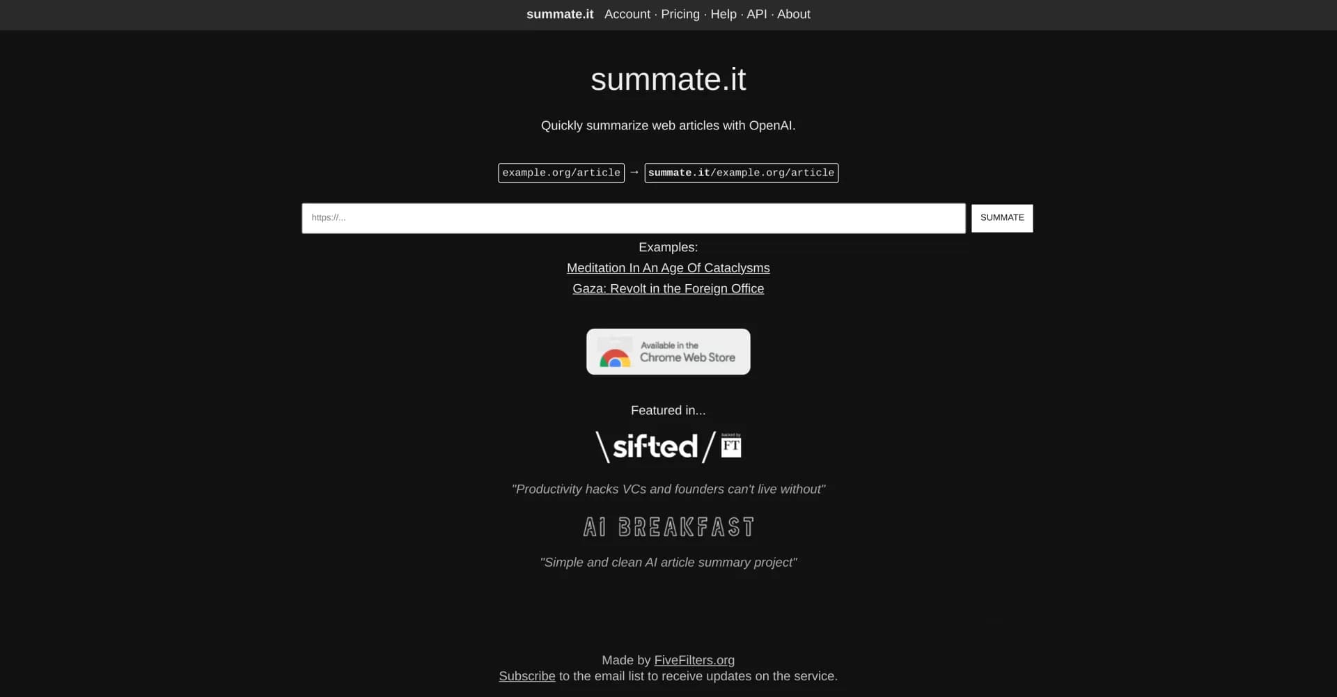 Summate homepage screenshot — Quickly summarize web articles with AI.