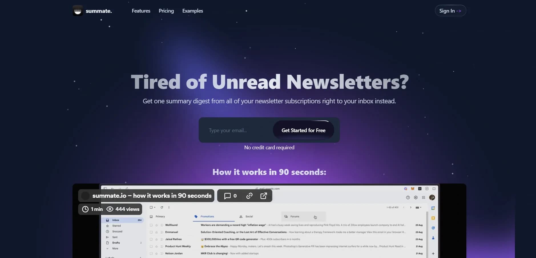Summate homepage screenshot — Summarize your newsletters, YouTube and RSS into a beautiful