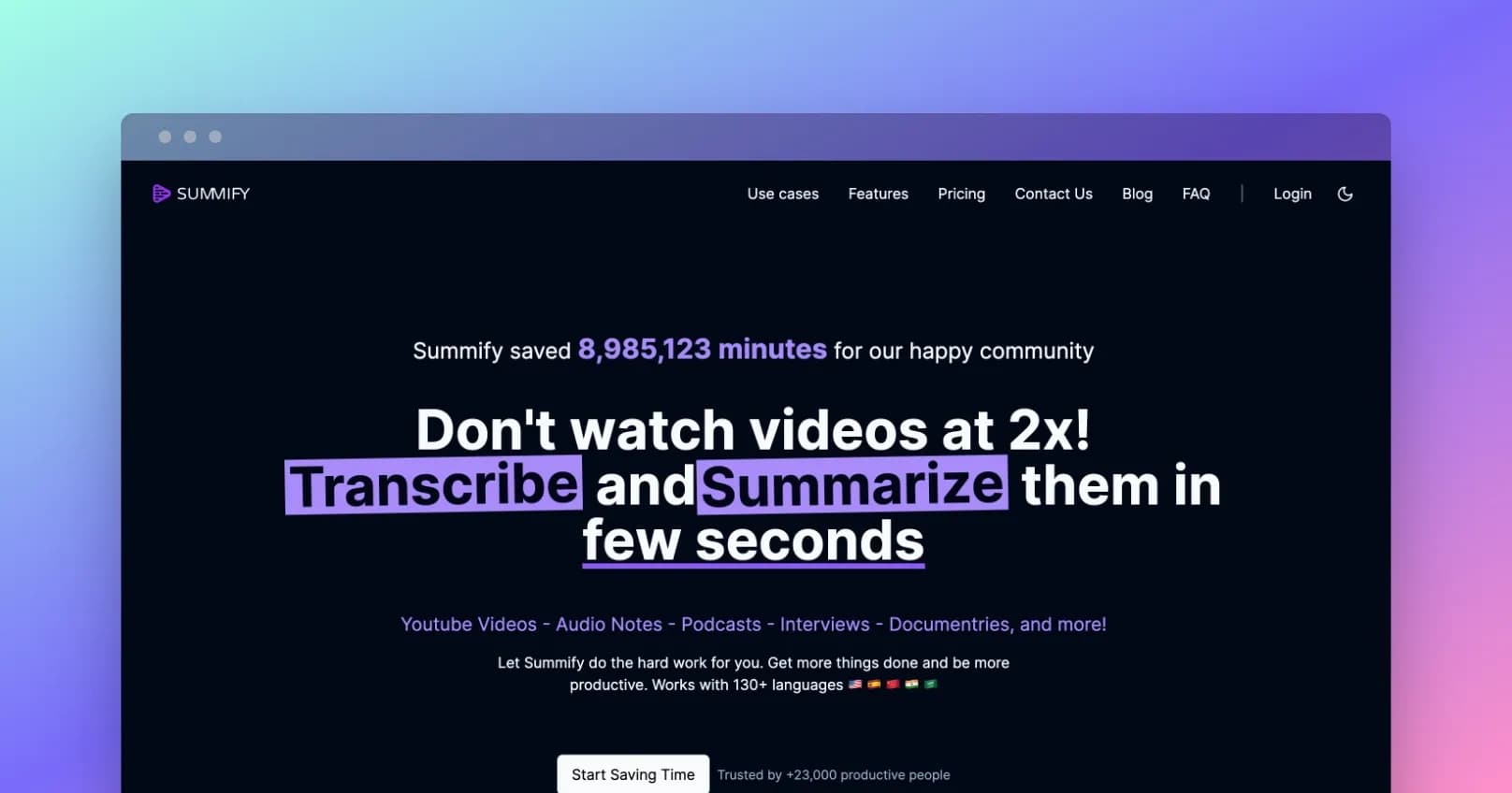 Summify homepage screenshot — AI Powered tool to transcribe and summarize youtube videos, 