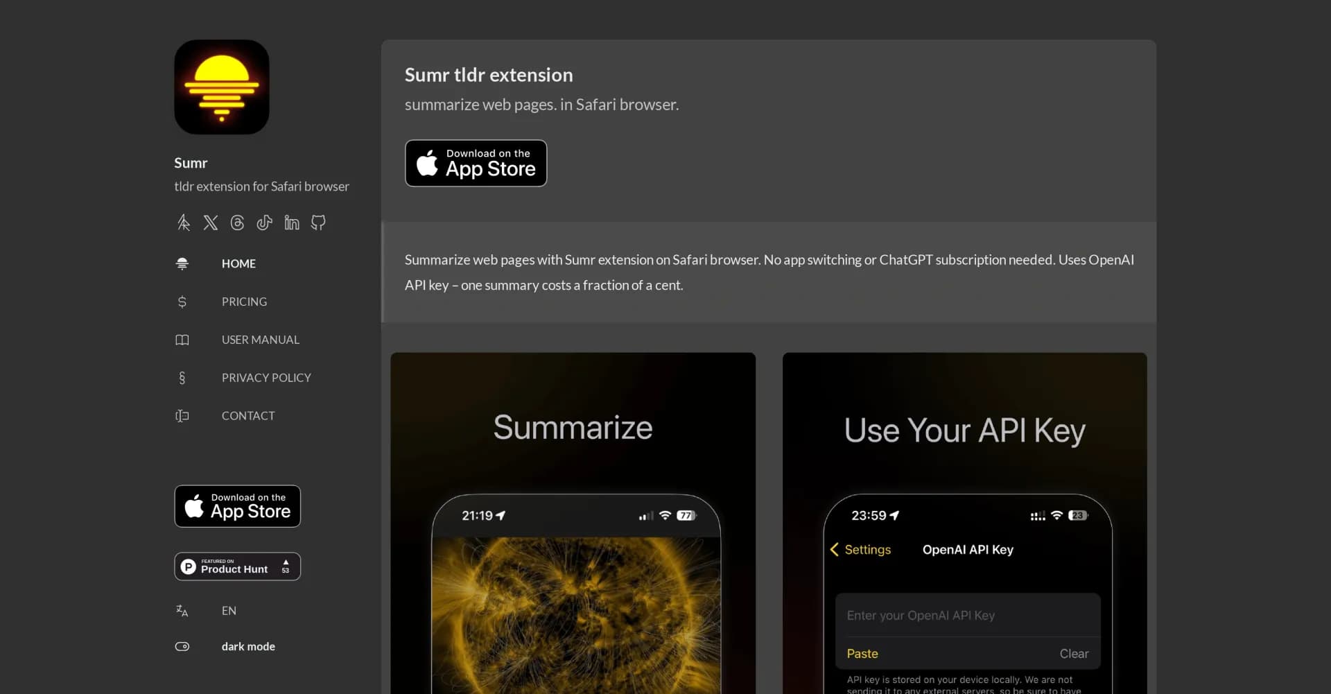 Sumr homepage screenshot — Summarize web pages in Safari browser.