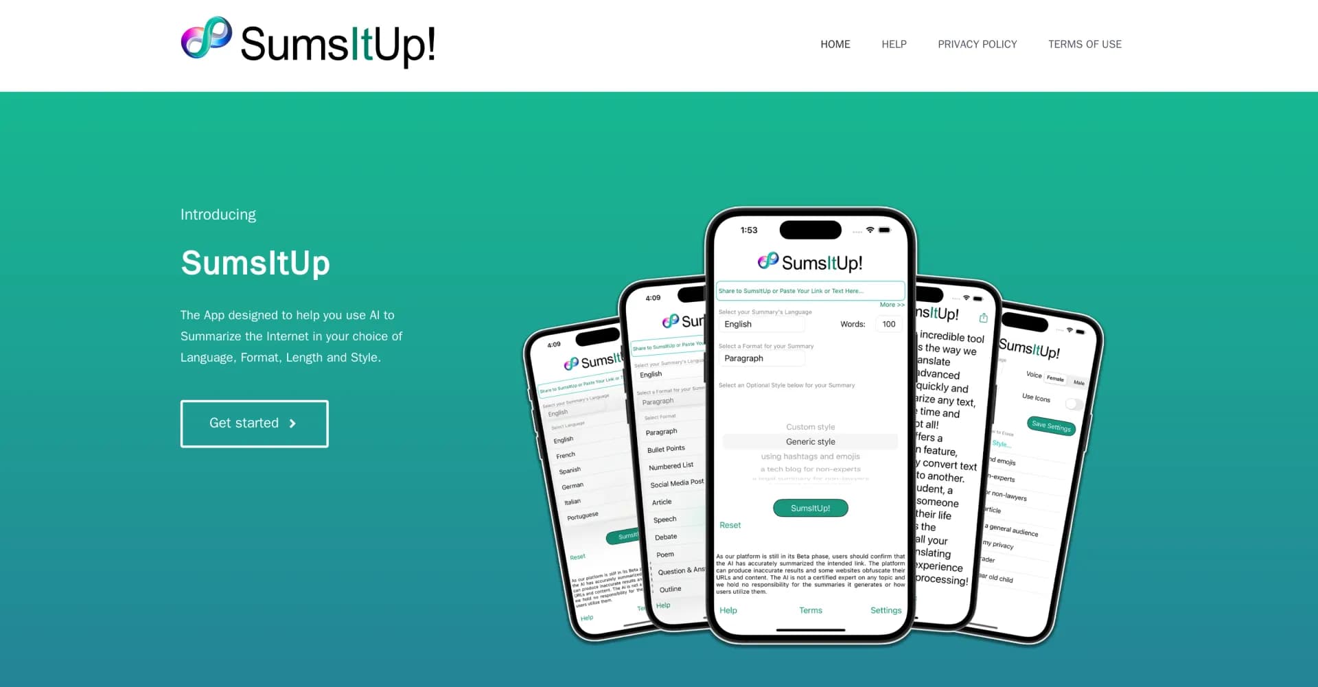 SumsItUp homepage screenshot — AI-powered summaries in any language, format, and style.
