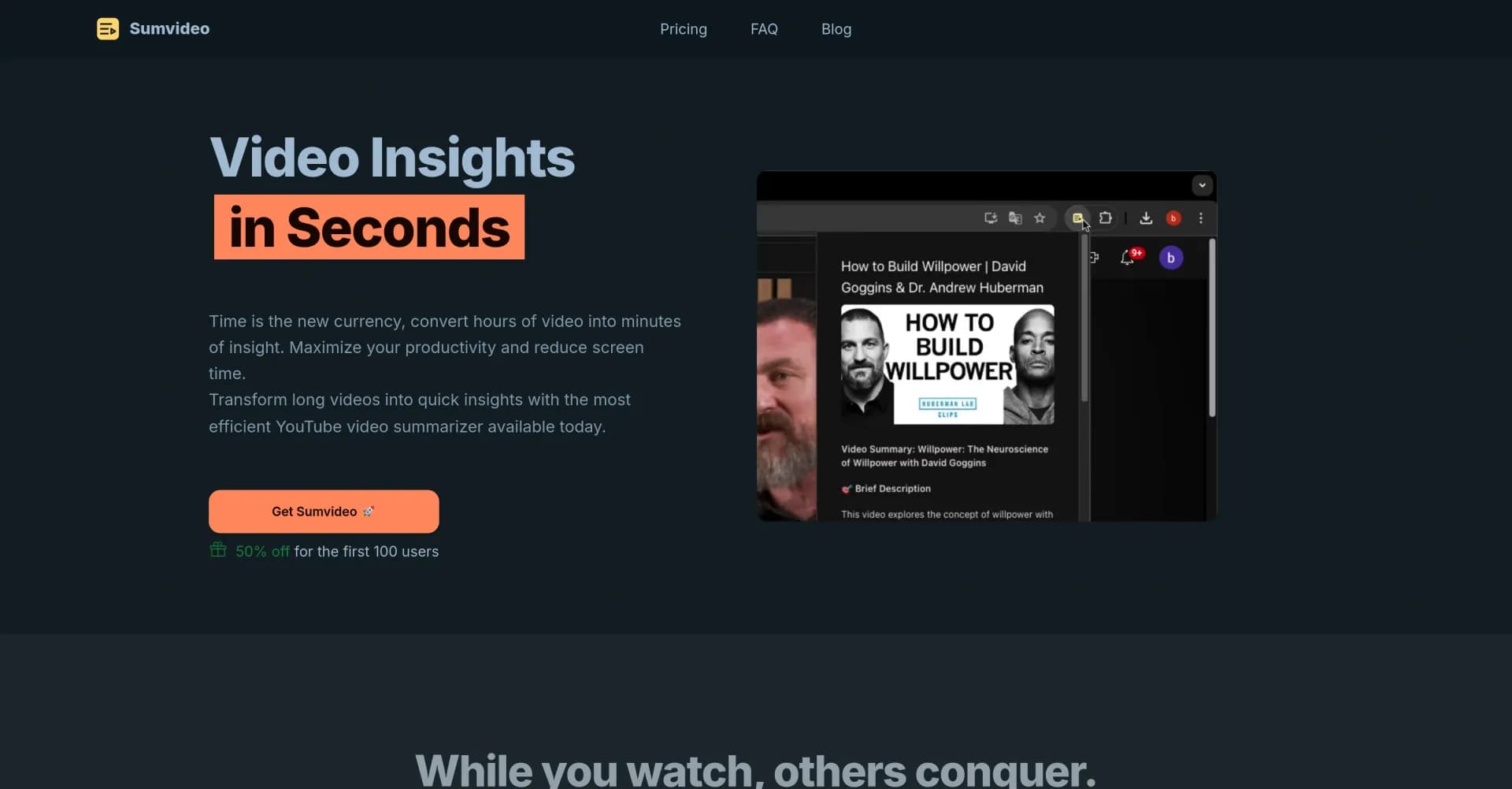 Sumvideo homepage screenshot — Convert hours of YouTube videos into minutes of insight.