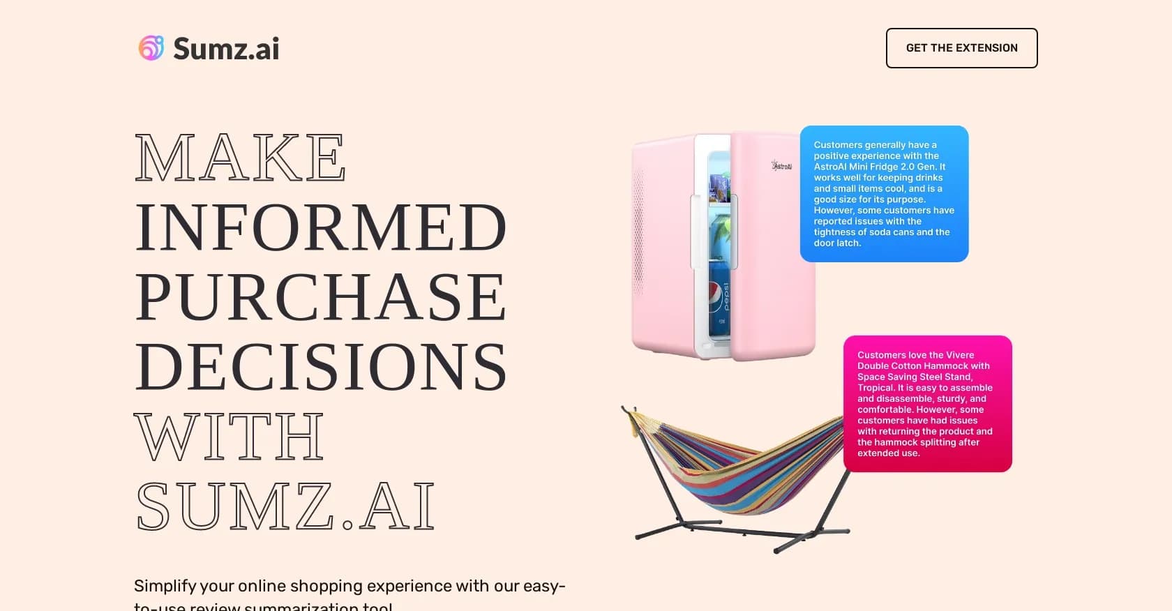 Sumz.AI homepage screenshot — Simplify shopping with AI-powered review summaries.
