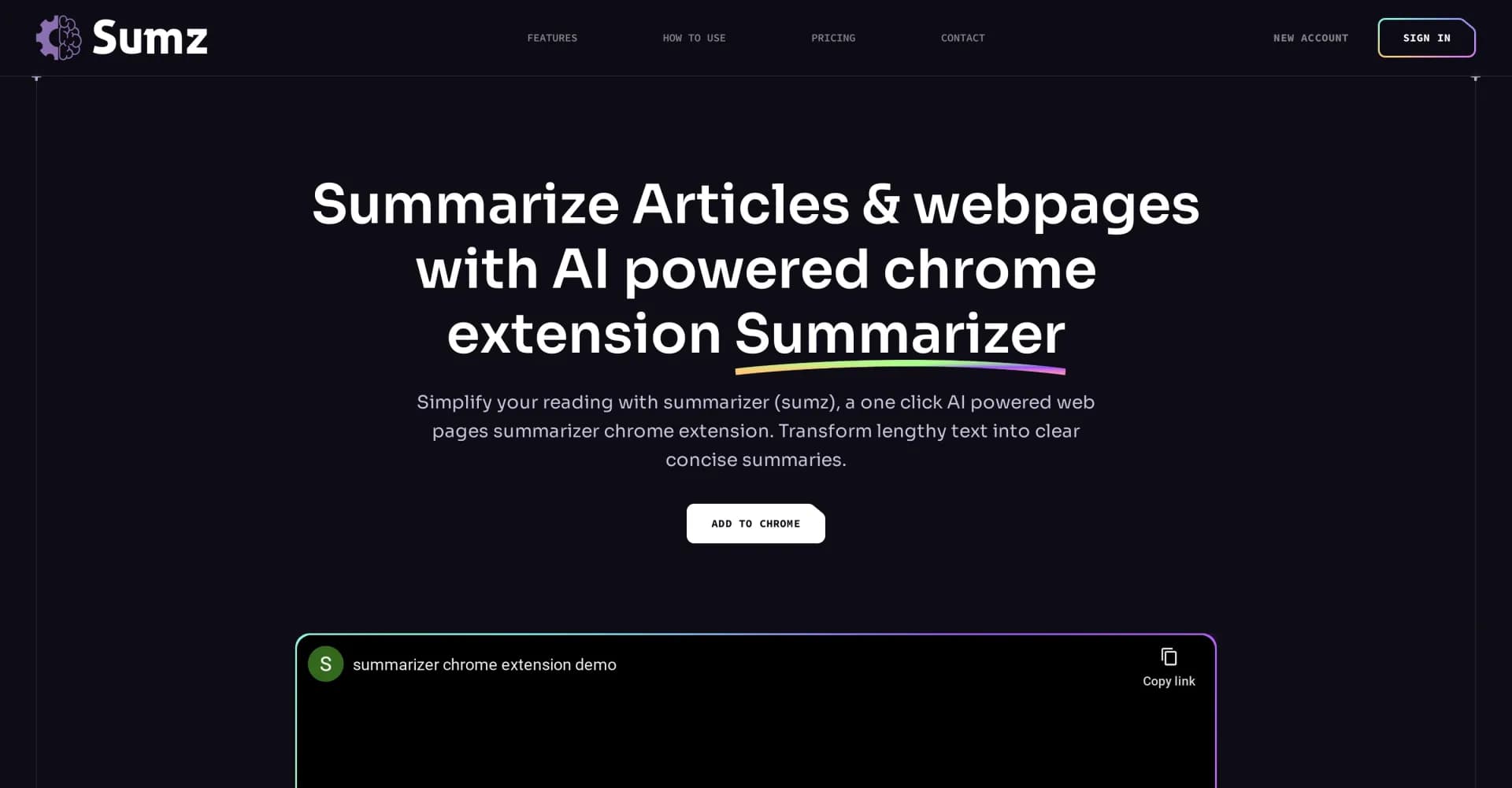 Sumz Pro homepage screenshot — Instantly condense web articles into bite-sized summaries.