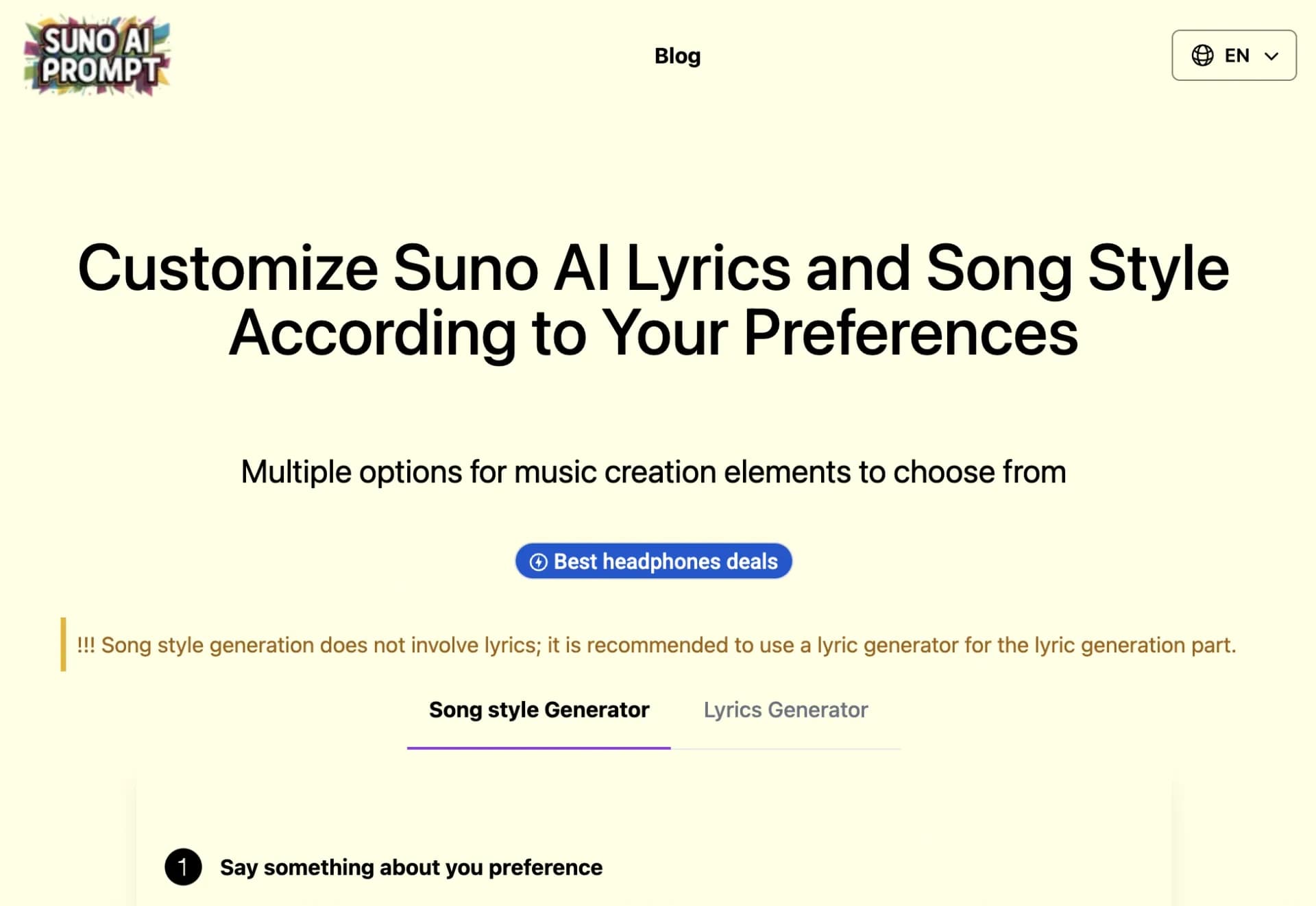 Suno Promptv1.1.0 homepage screenshot — Generate custom lyrics and song prompts for AI music creatio