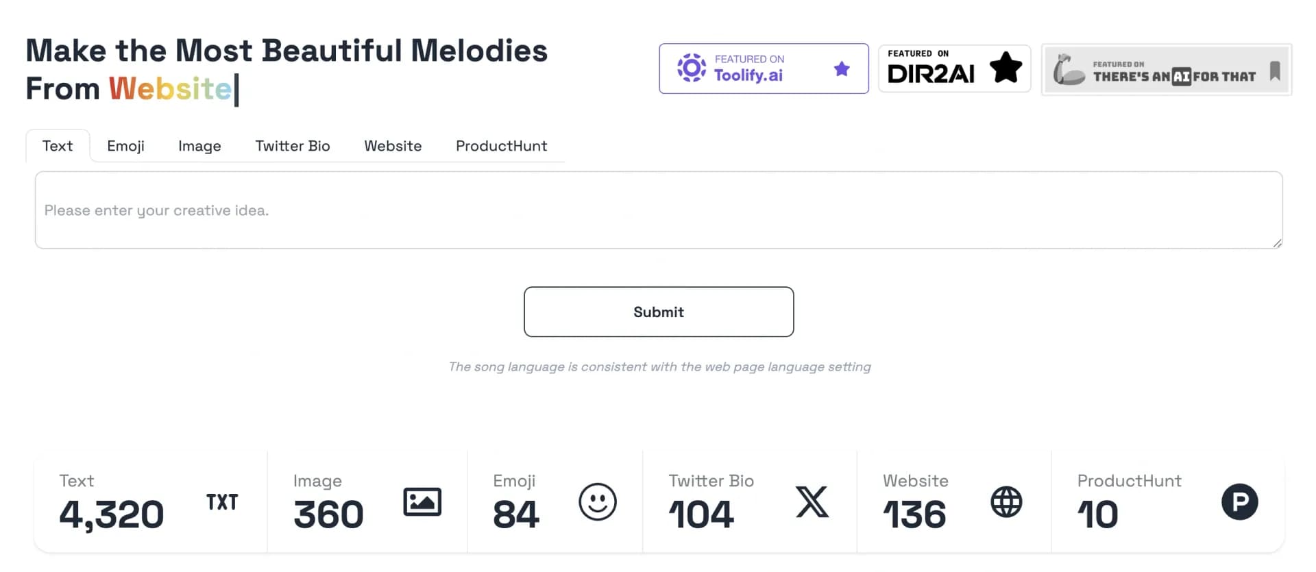 Sunoify homepage screenshot — Transforming your ideas into captivating songs.