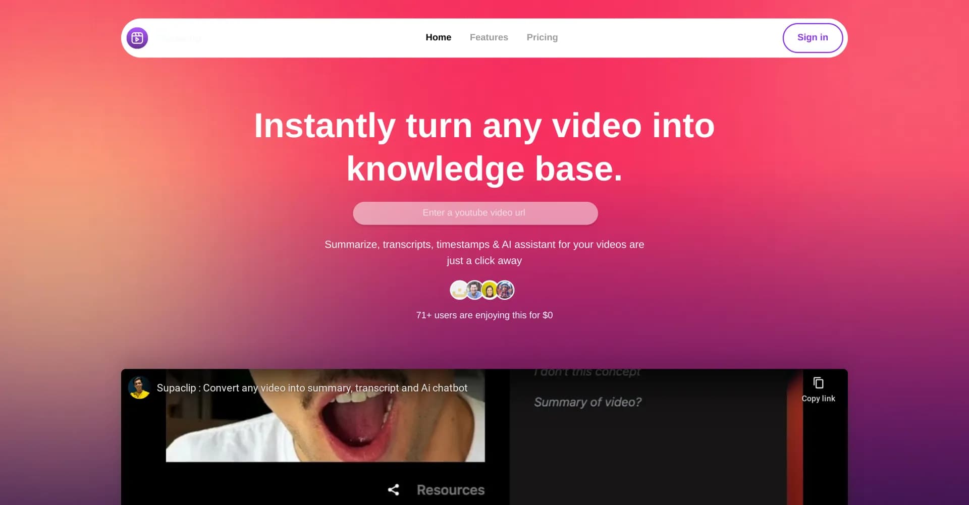 SupaClip Pro homepage screenshot — Create instant websites from videos with AI assistance.