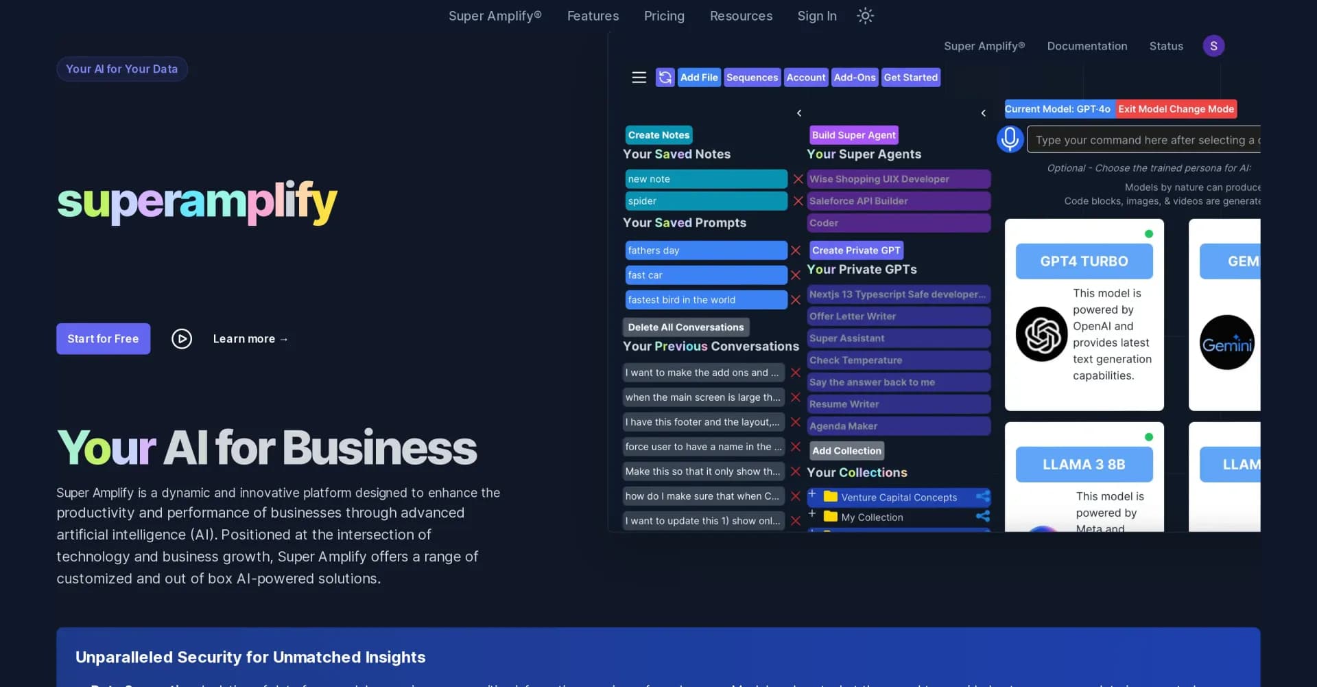 Super Amplify homepage screenshot — Your AI for Your Data