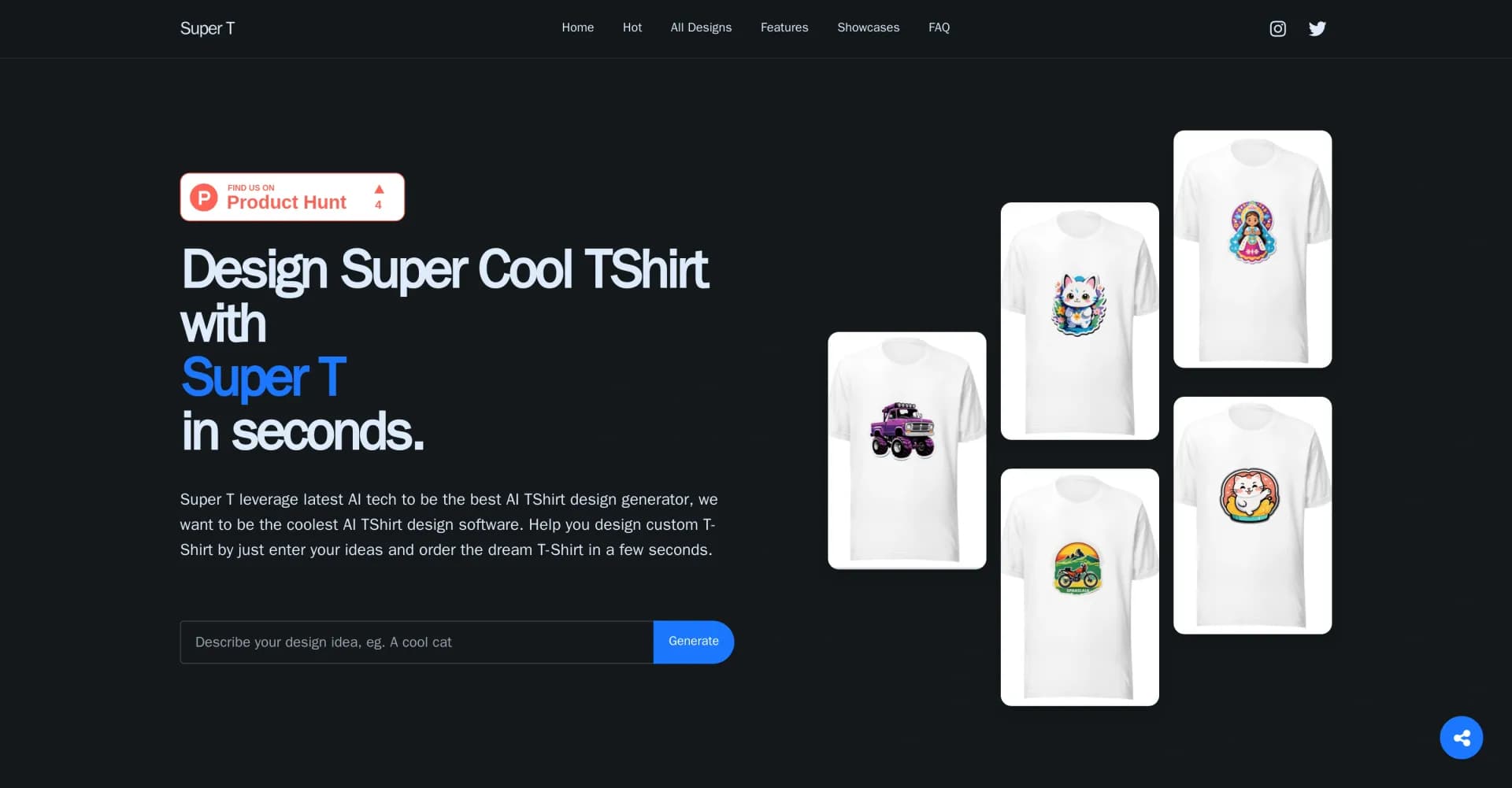 Super T homepage screenshot — Create cool T-shirts in seconds with AI.