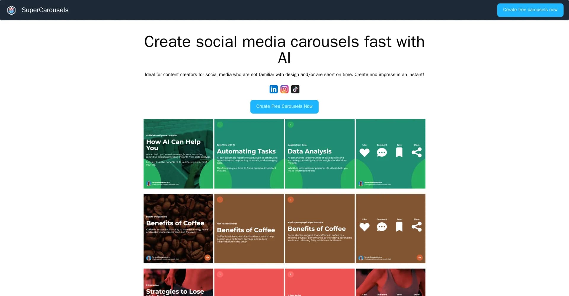 SuperCarousels homepage screenshot — Create social media carousels in minutes.