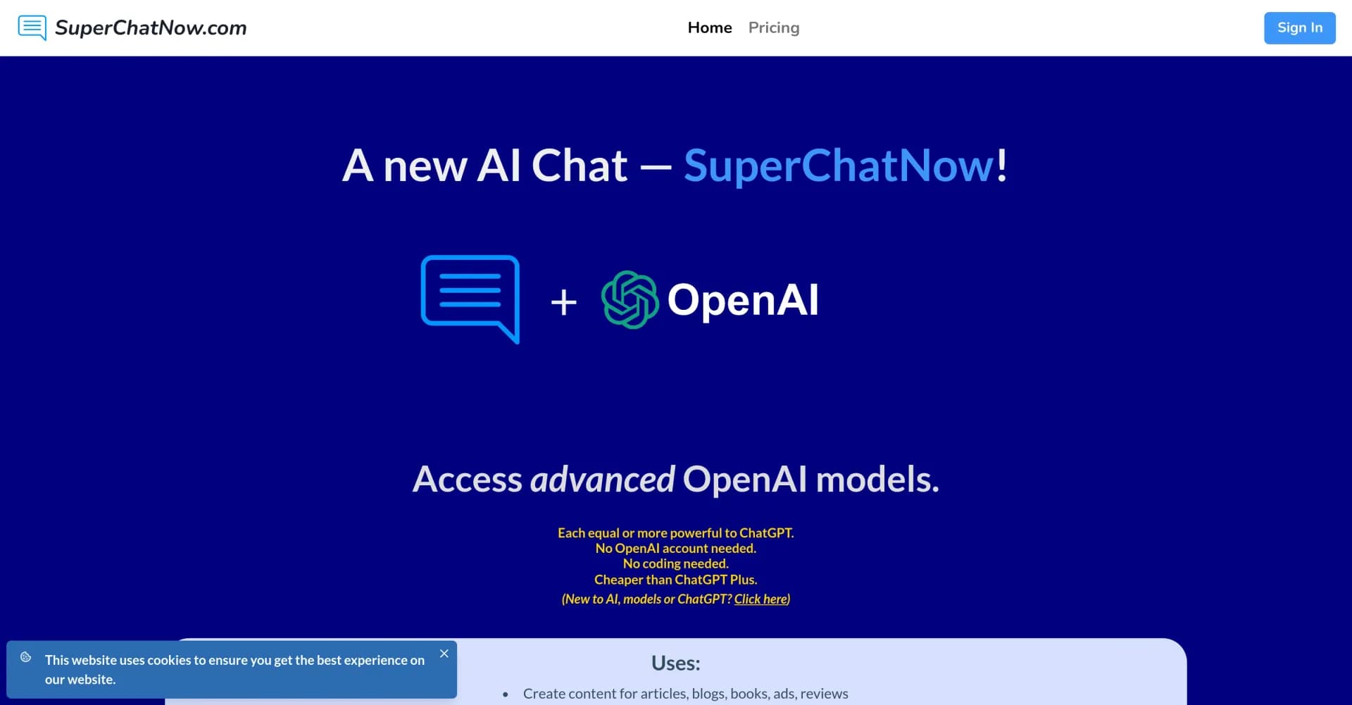 SuperChatNow homepage screenshot — Chat with AI using OpenAI's API