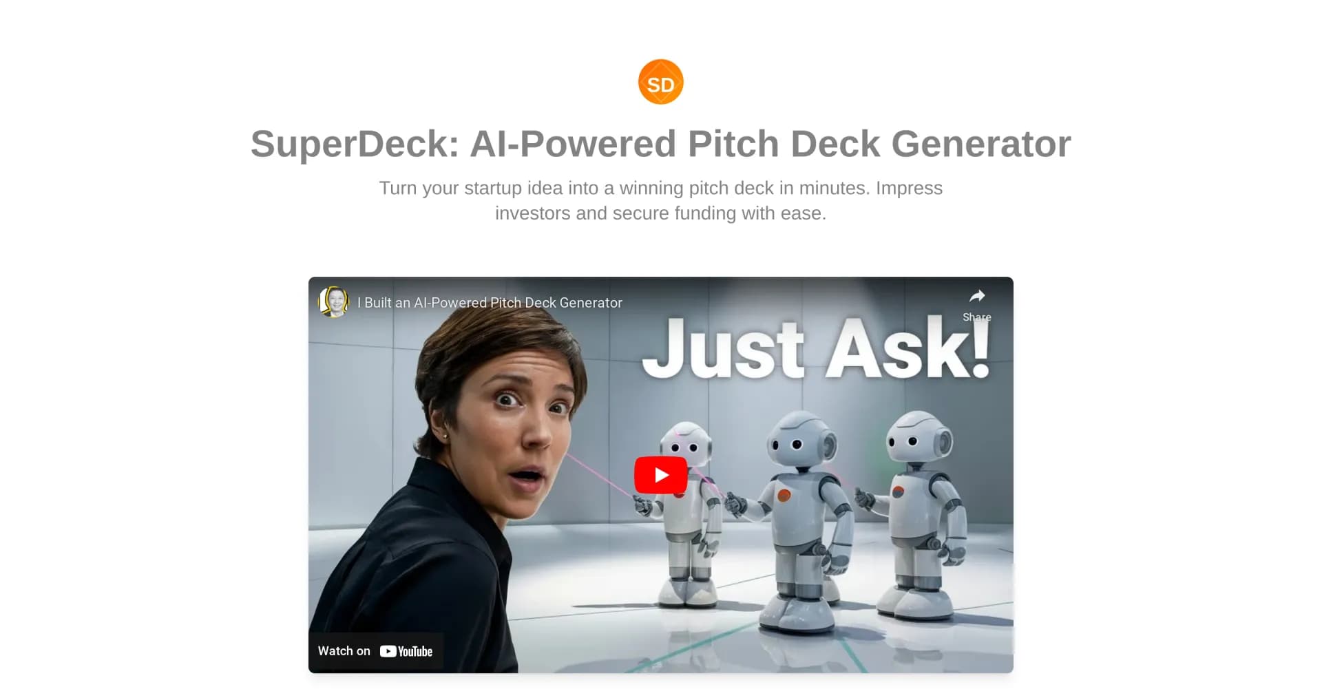 SuperDeck homepage screenshot — Turn startup ideas into winning pitch decks instantly.