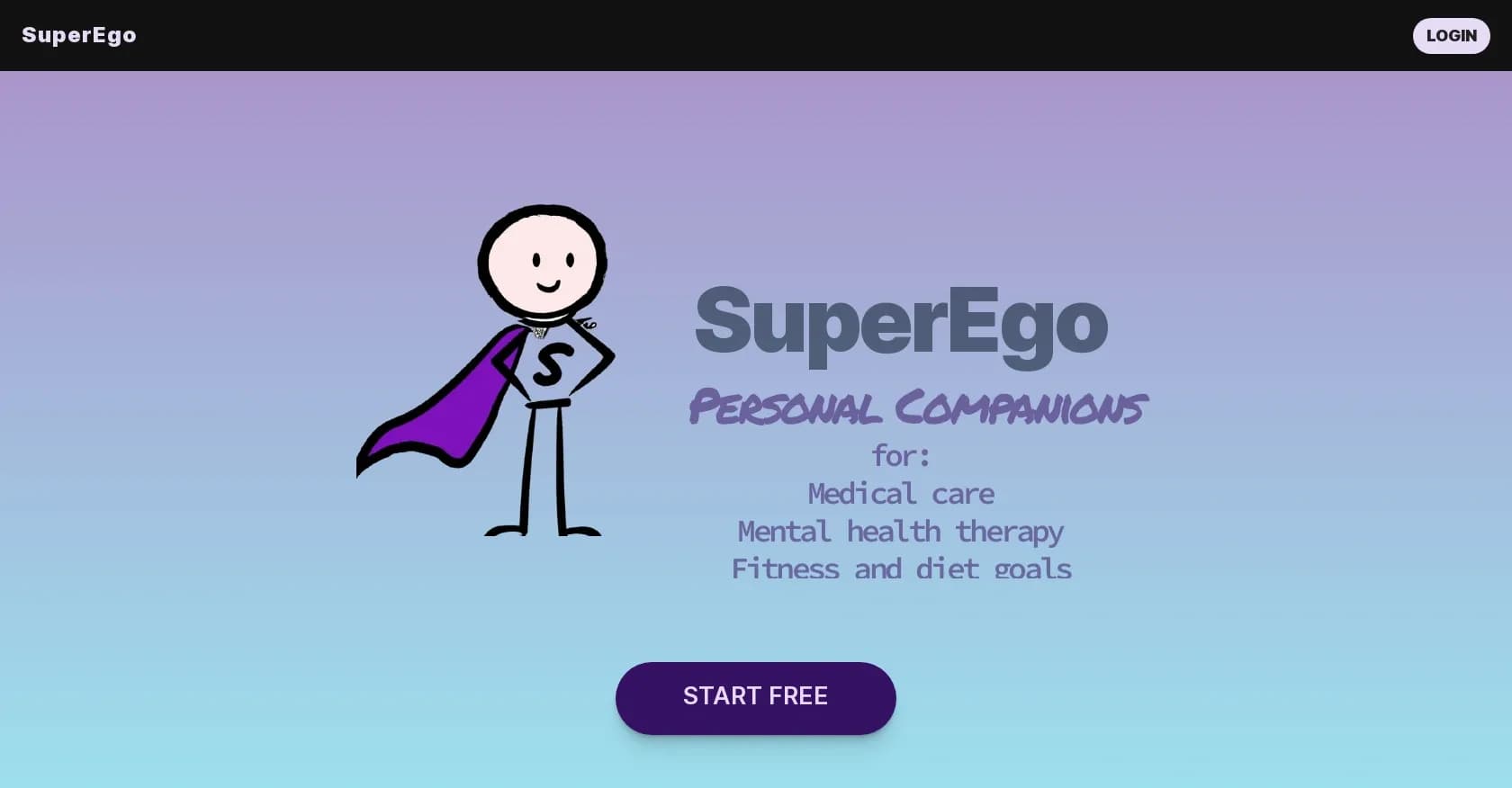 SuperEgo homepage screenshot — AI-powered health companions for personalized wellbeing.