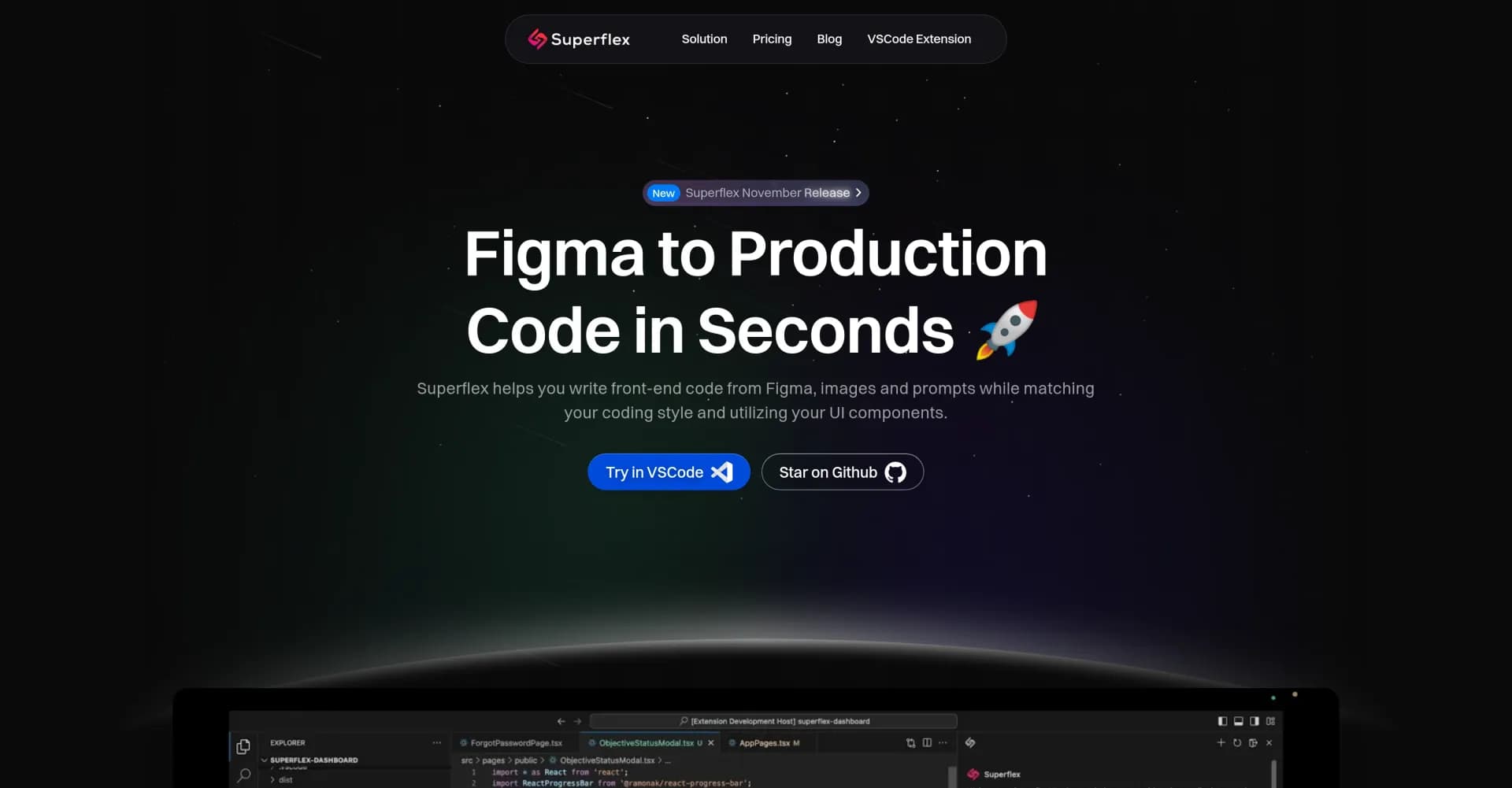 Superflex homepage screenshot — Transform ideas into production-ready code instantly.