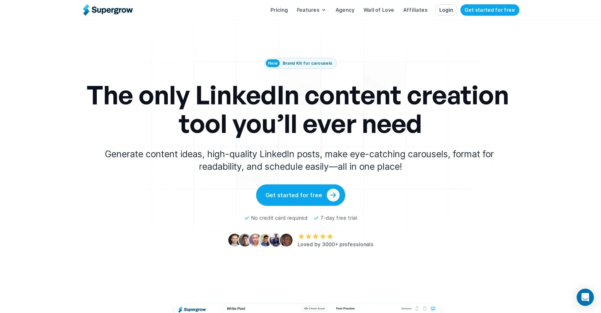 Supergrow homepage screenshot — Supercharge your LinkedIn content creation