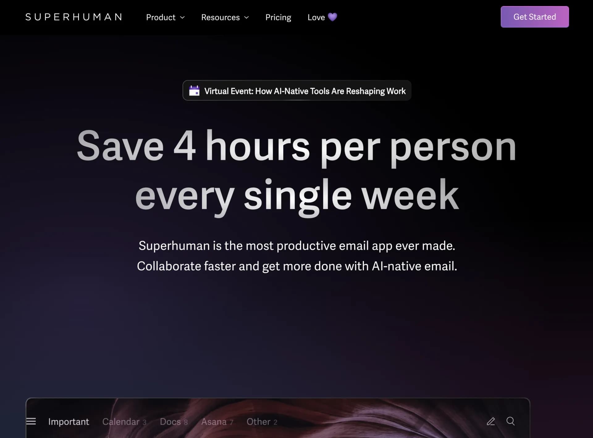 Superhumanv2.0 homepage screenshot — AI-powered email for blazing speed and productivity