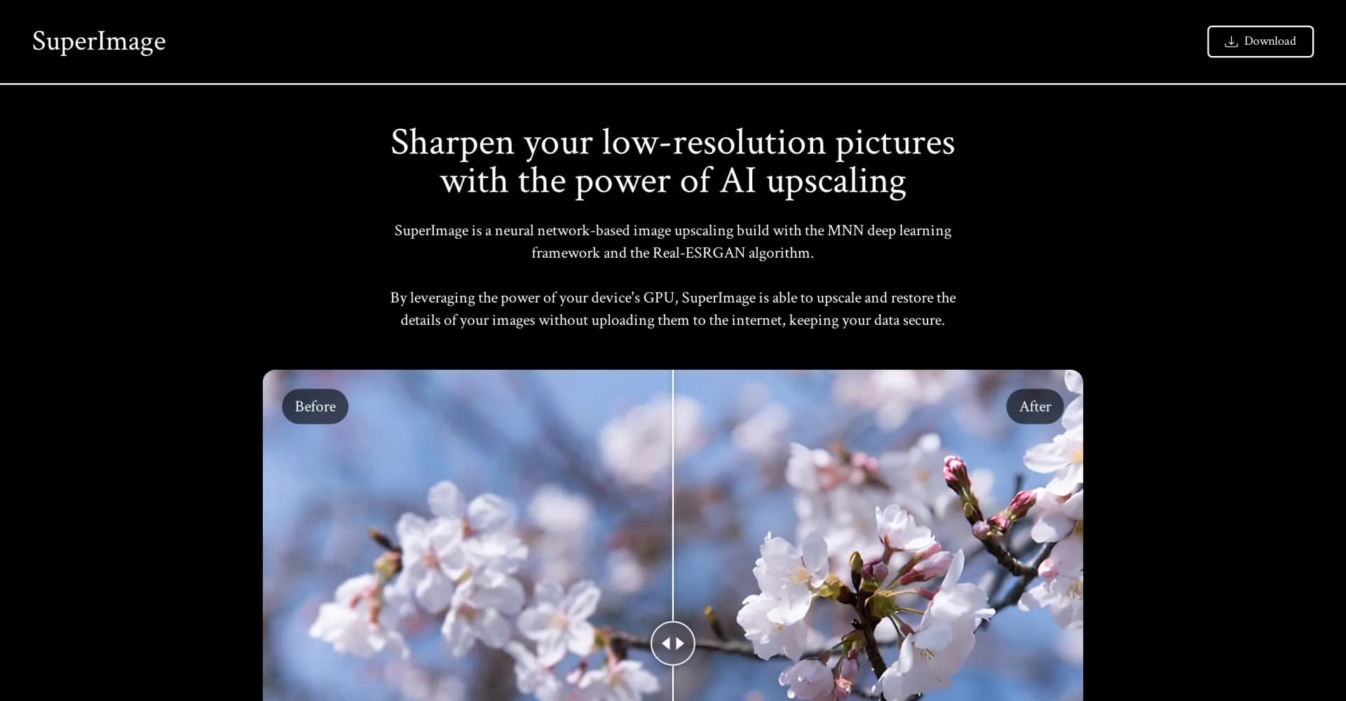SuperImage homepage screenshot — AI-powered image upscaling on your device.
