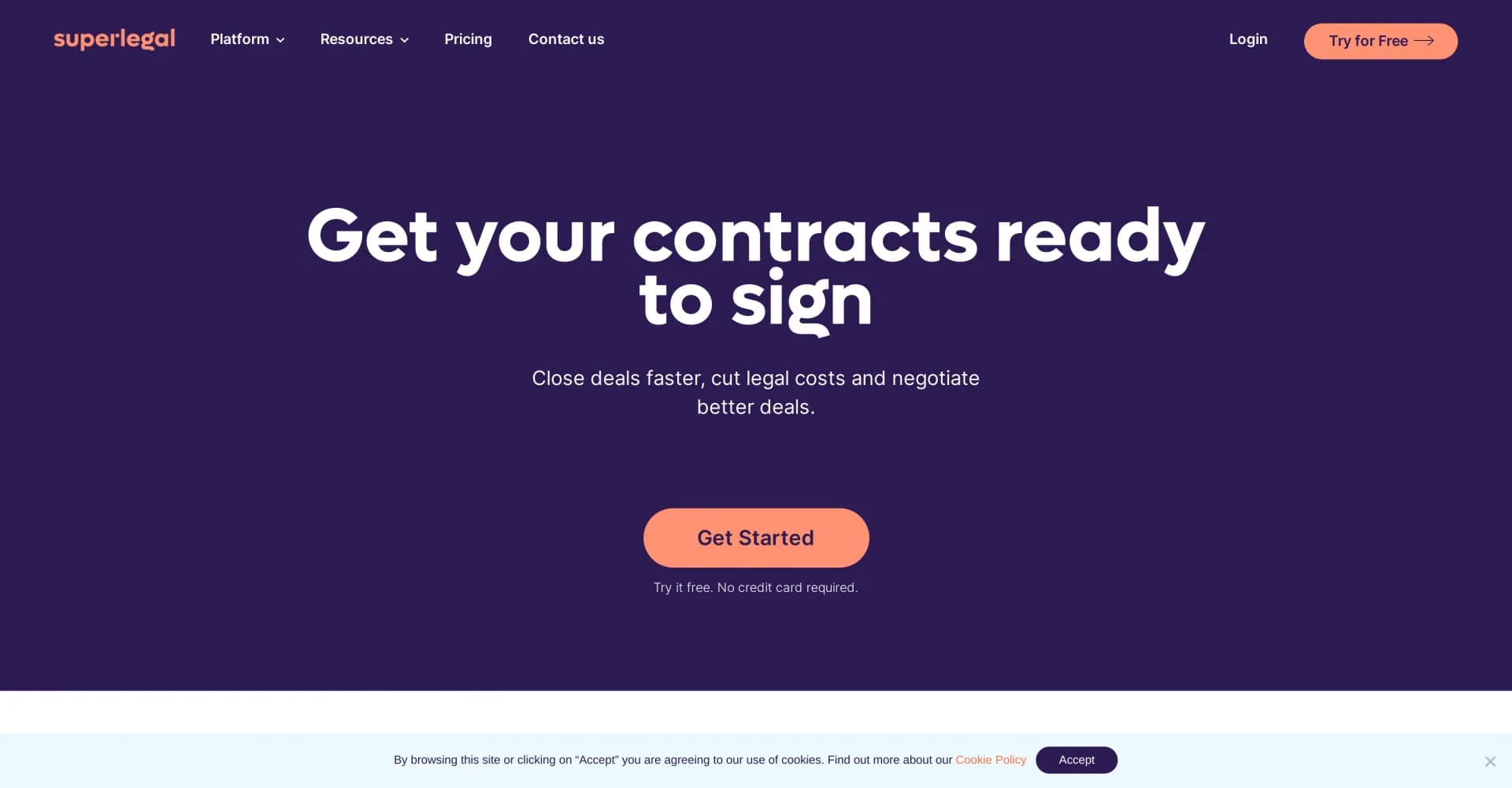 Superlegal homepage screenshot — Speed up contracts and close deals faster.