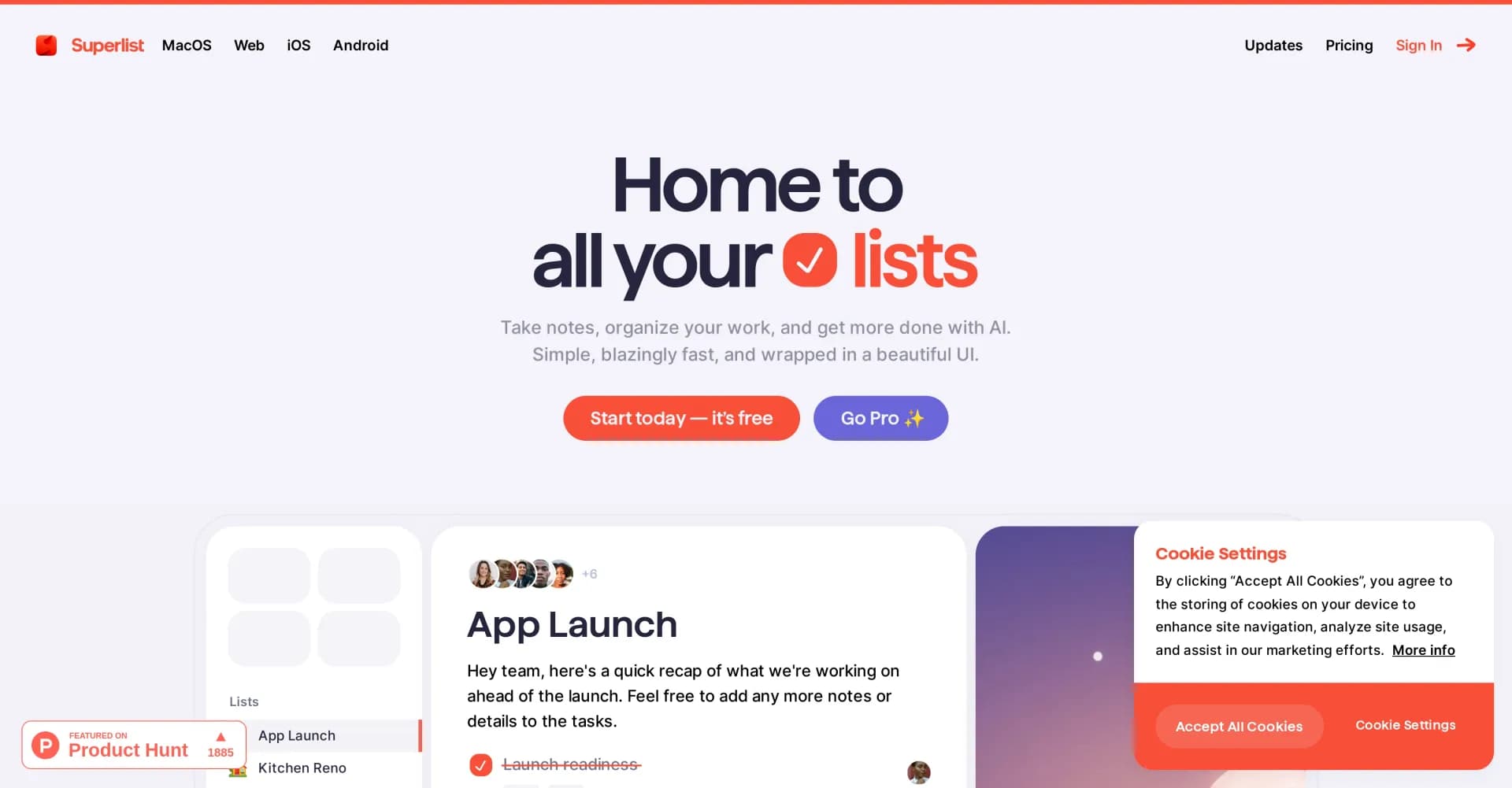 Superlist homepage screenshot — Home to all your lists