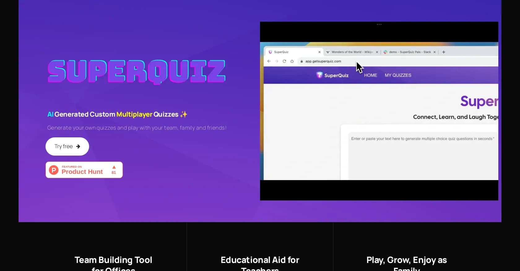 SuperQuiz homepage screenshot — Generate custom multiplayer quizzes in seconds