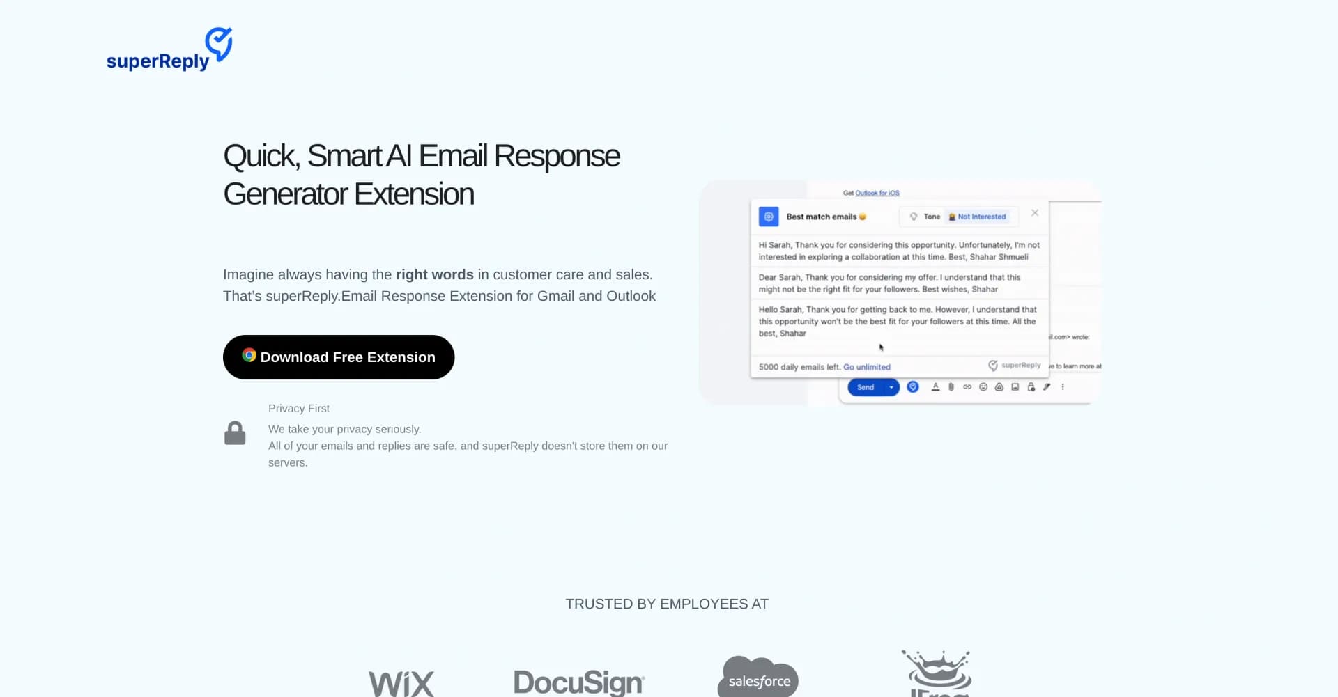 superReply homepage screenshot — AI-powered email replies for effortless communication