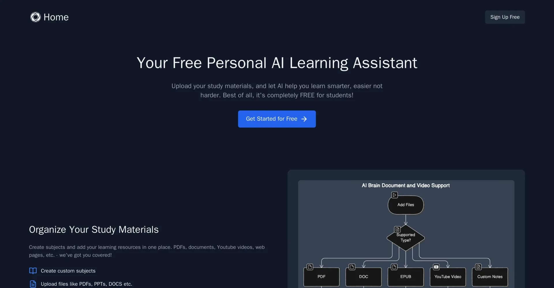 SuperStudentAI homepage screenshot — AI-powered study assistant for smarter learning