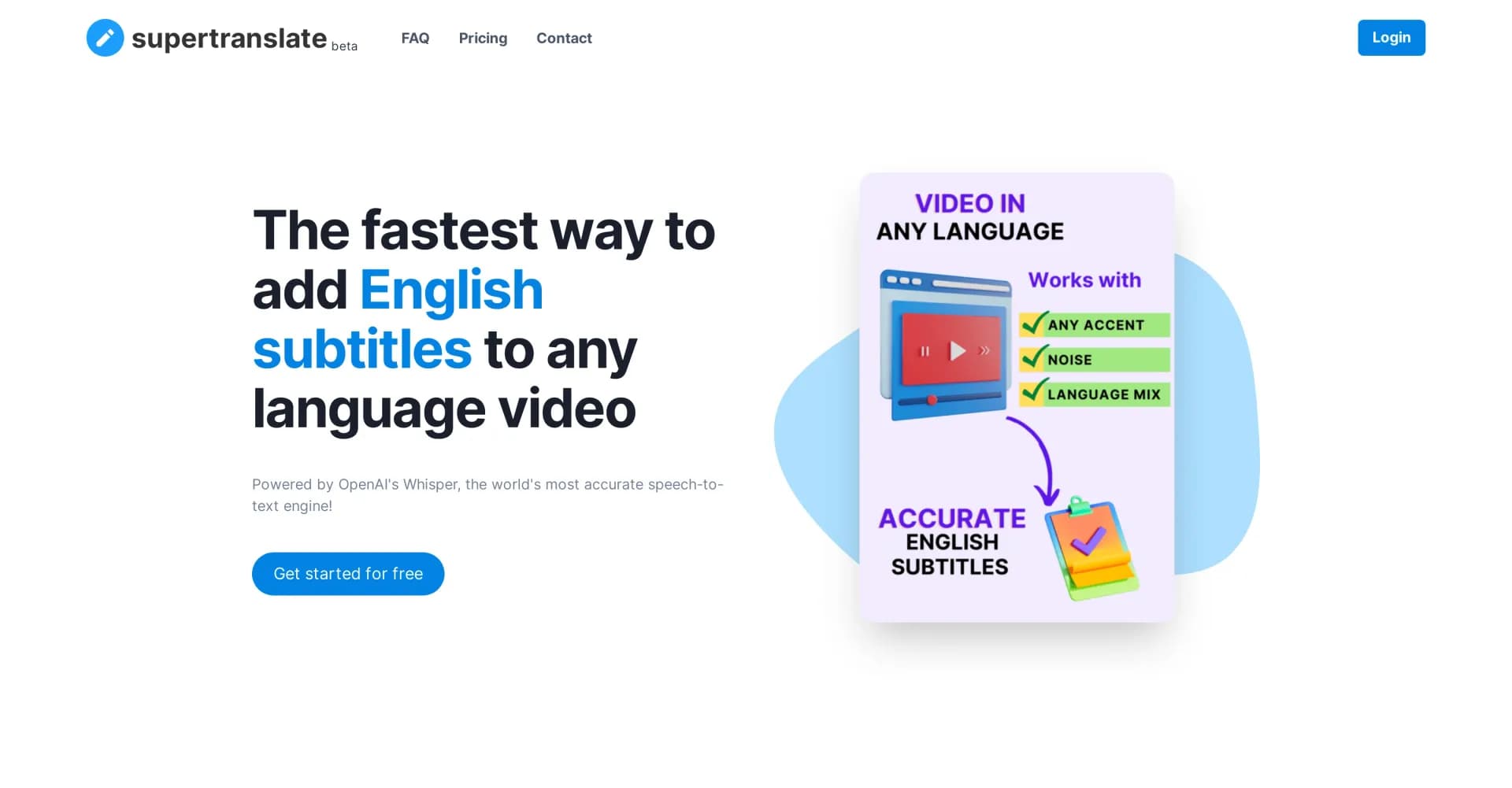 supertranslate homepage screenshot — Add English subtitles to any language video instantly