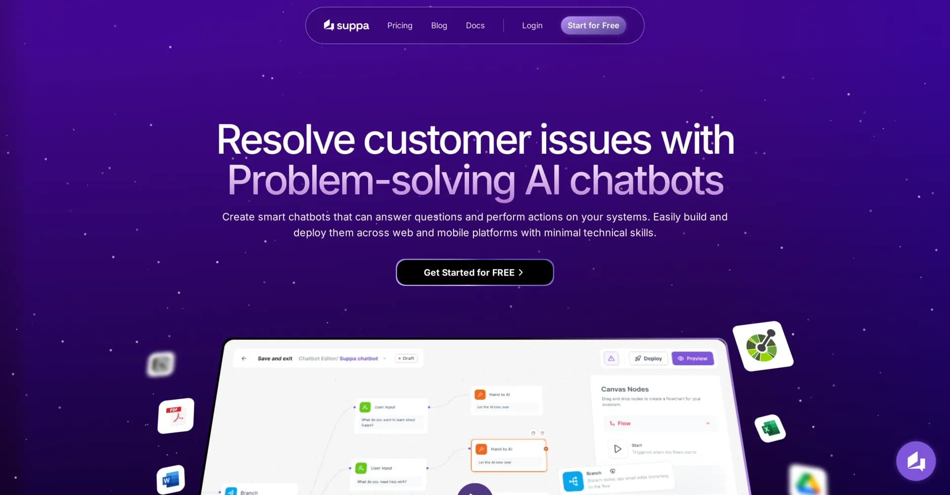 Suppa homepage screenshot — AI chatbots that solve problems and build trust.
