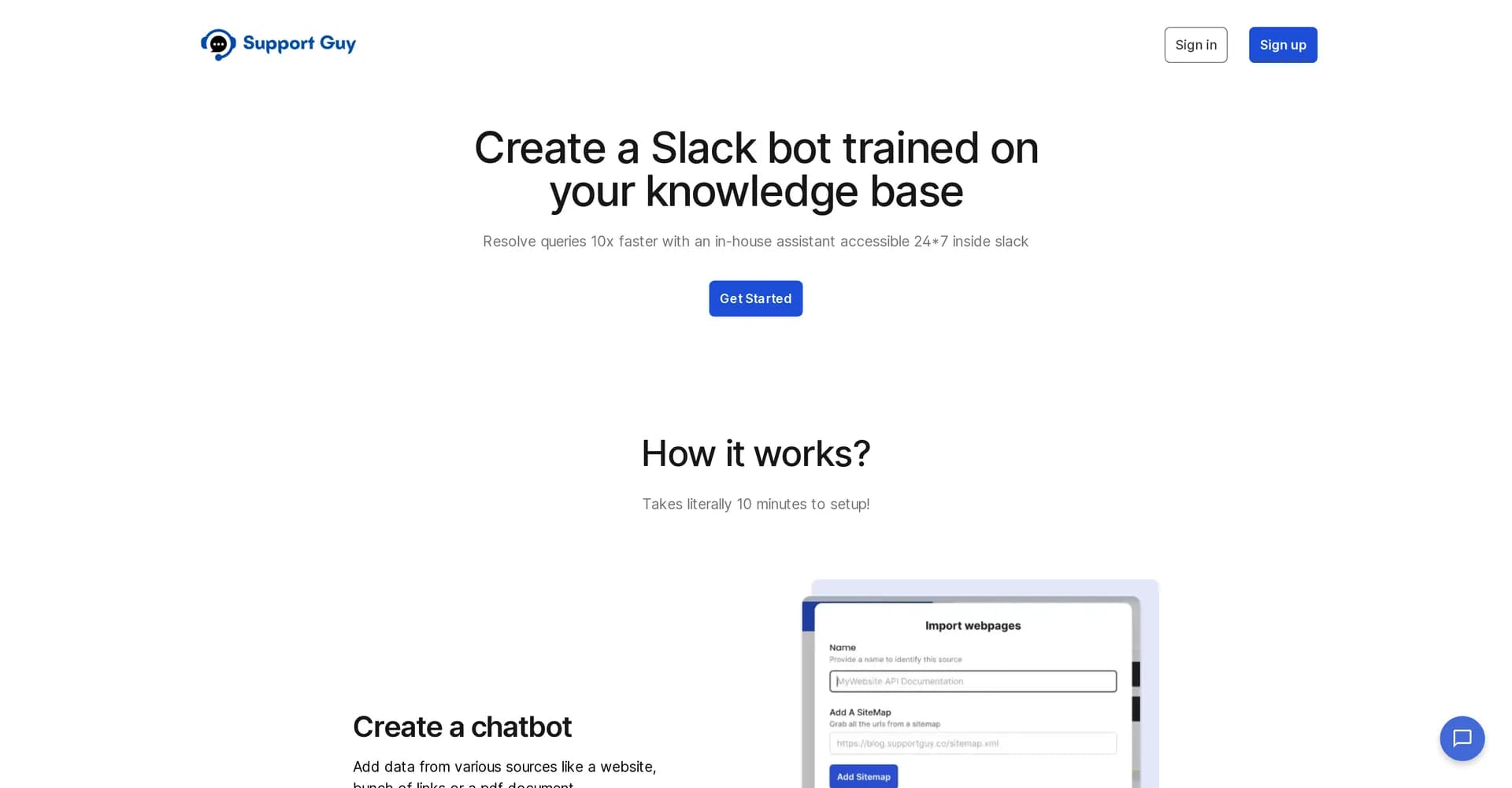 Support Guy homepage screenshot — AI-powered support chatbot for Slack