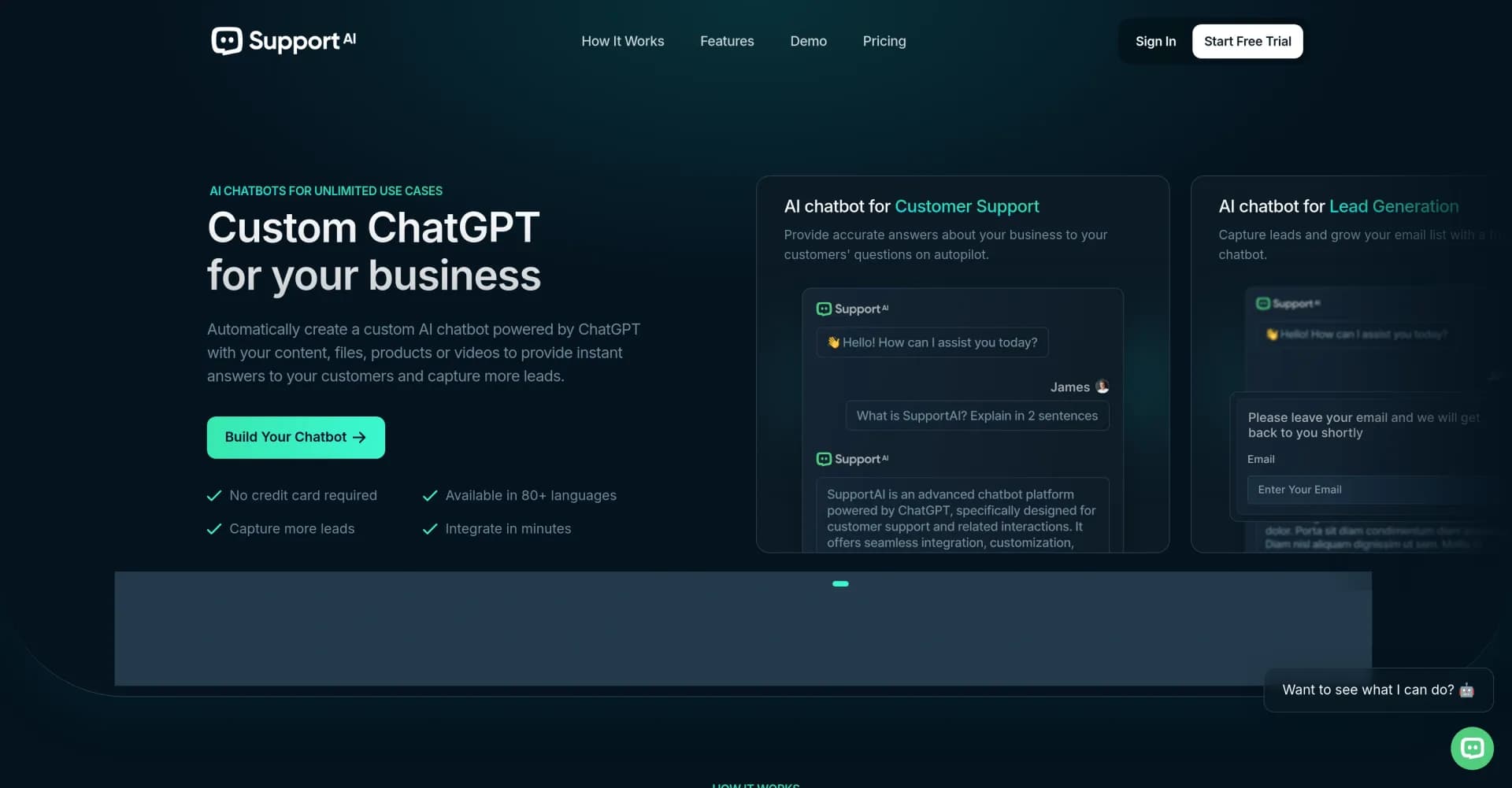 SupportAI homepage screenshot — Create custom ChatGPT support chatbots for your website