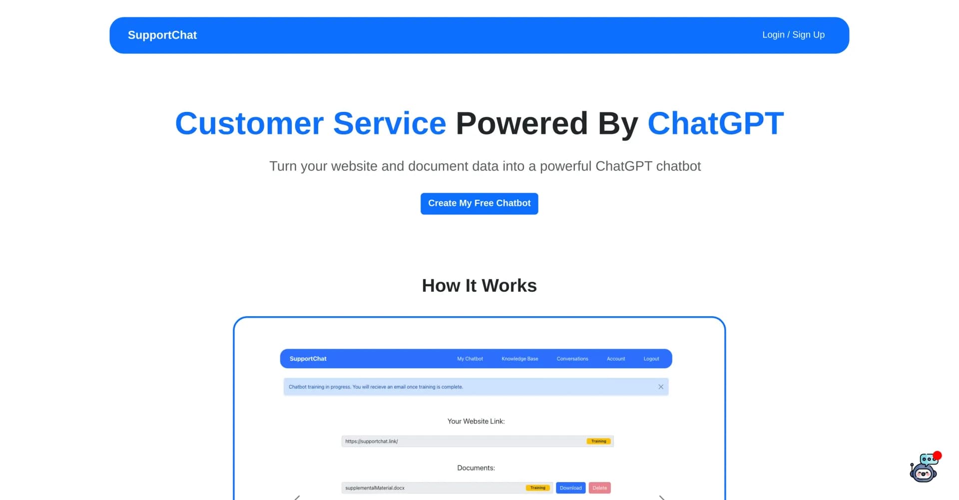 SupportChat homepage screenshot — Custom chatbots trained for your business