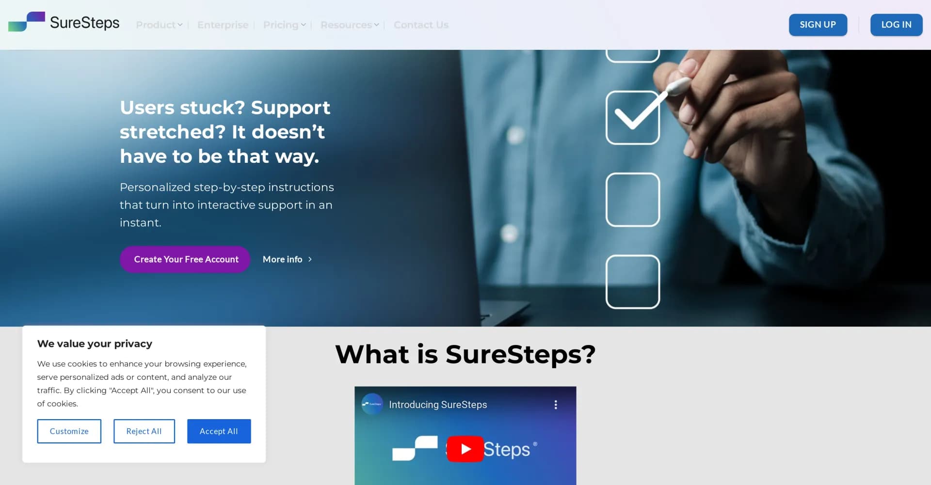 SureSteps homepage screenshot — AI-powered guides for seamless customer support