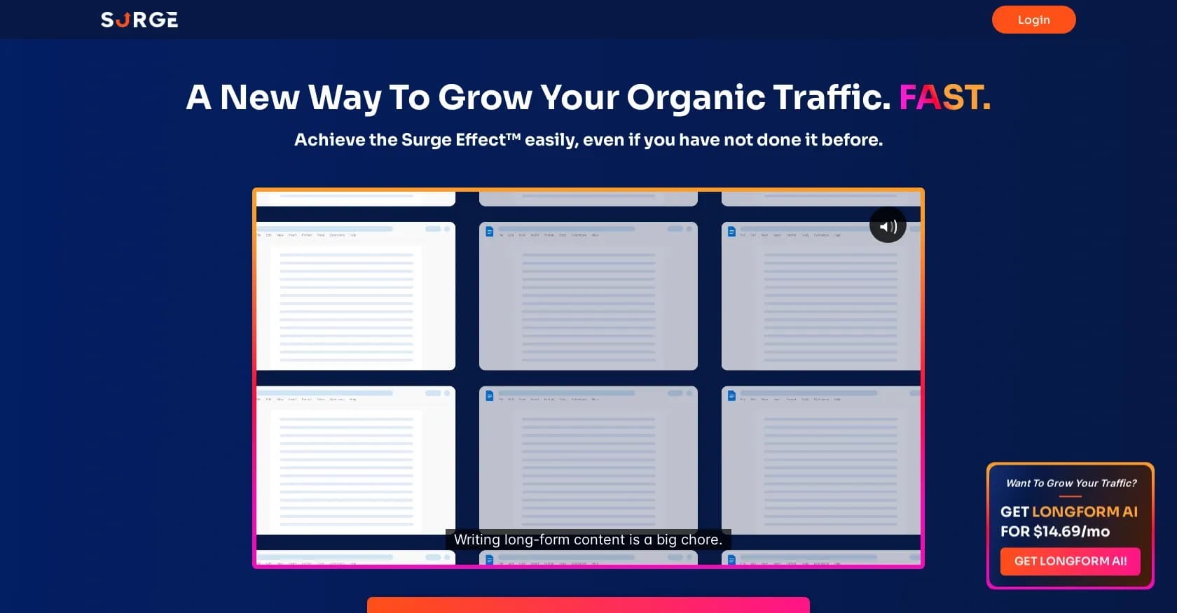 Surgegraph homepage screenshot — Grow your organic traffic fast with AI-powered SEO