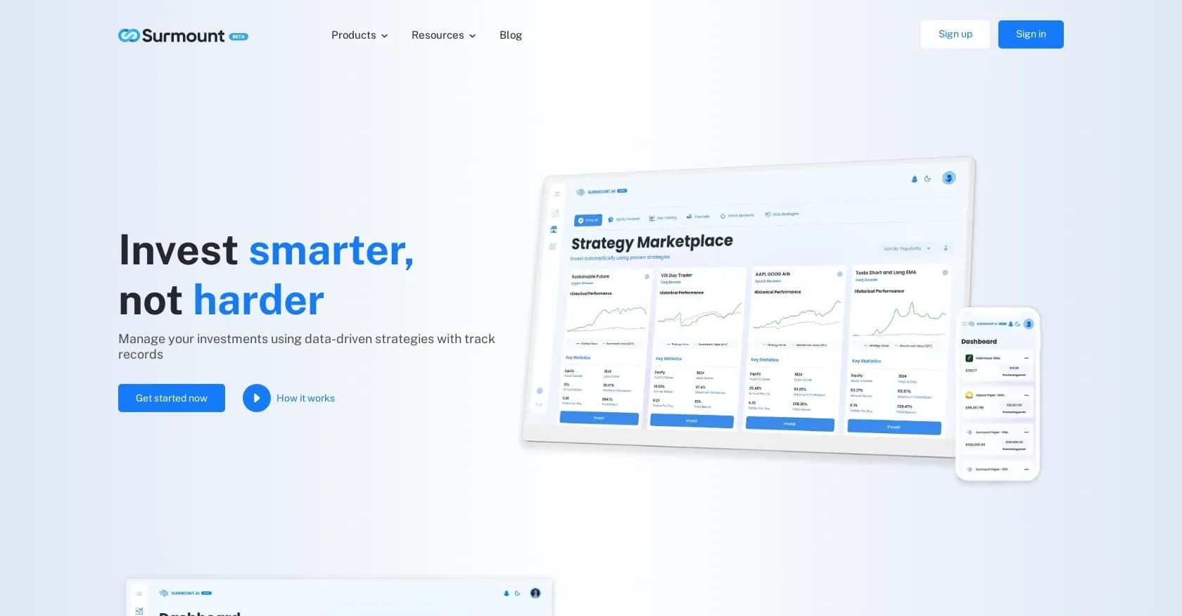 Surmount homepage screenshot — Trade smarter with AI-driven investment strategies.